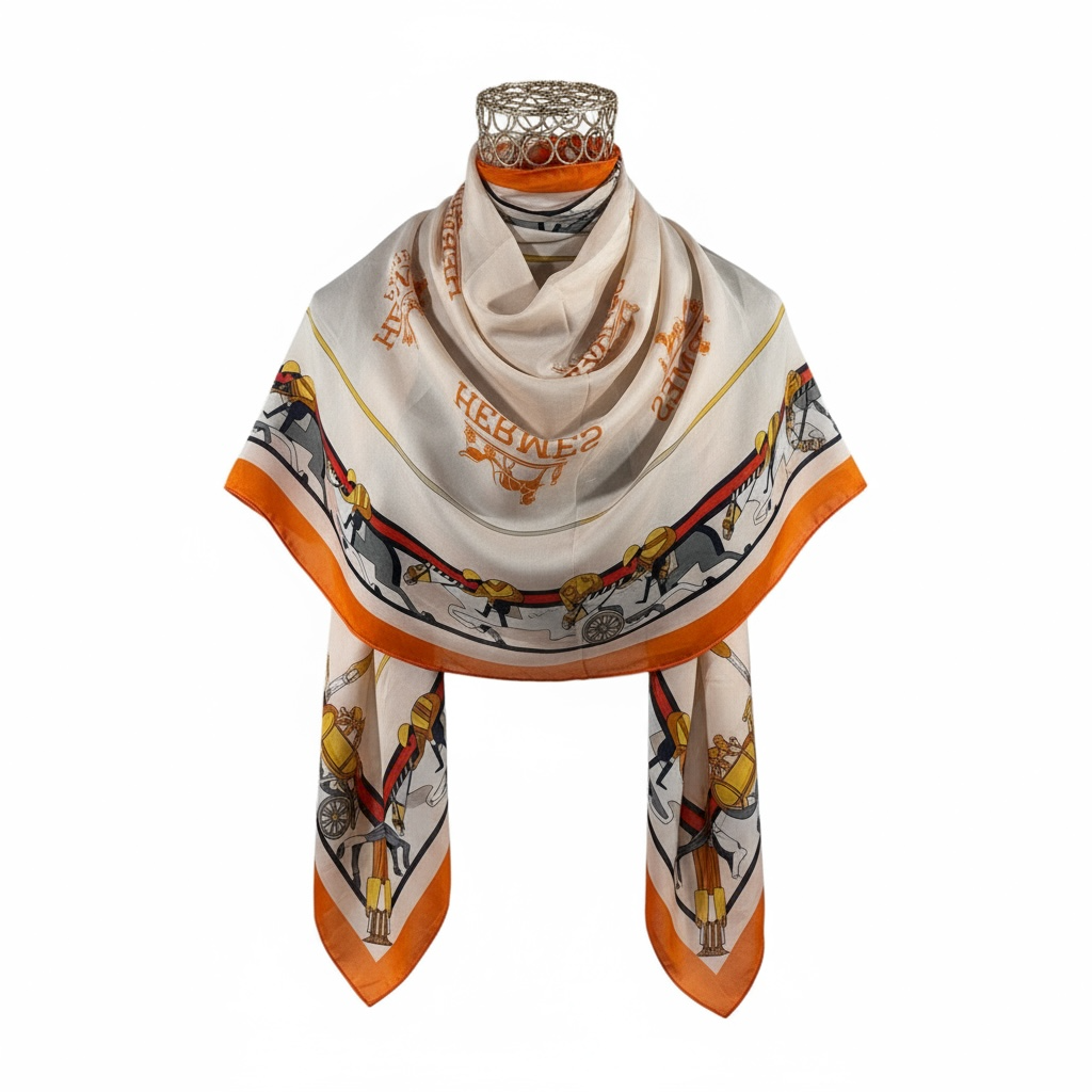 🤍🧡 Hermès Paris Silk Scarf – Ivory with Orange Accents ✨