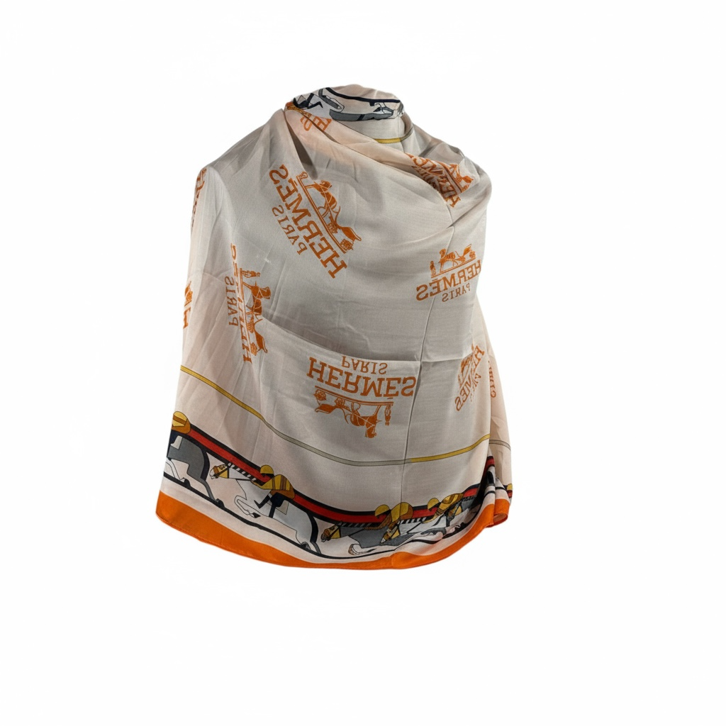 🤍🧡 Hermès Paris Silk Scarf – Ivory with Orange Accents ✨