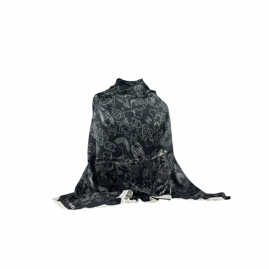 🖤 Chanel Black & White Outline Silk Scarf – Timeless Elegance ✨