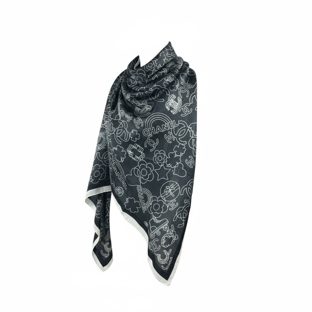 🖤 Chanel Black & White Outline Silk Scarf – Timeless Elegance ✨