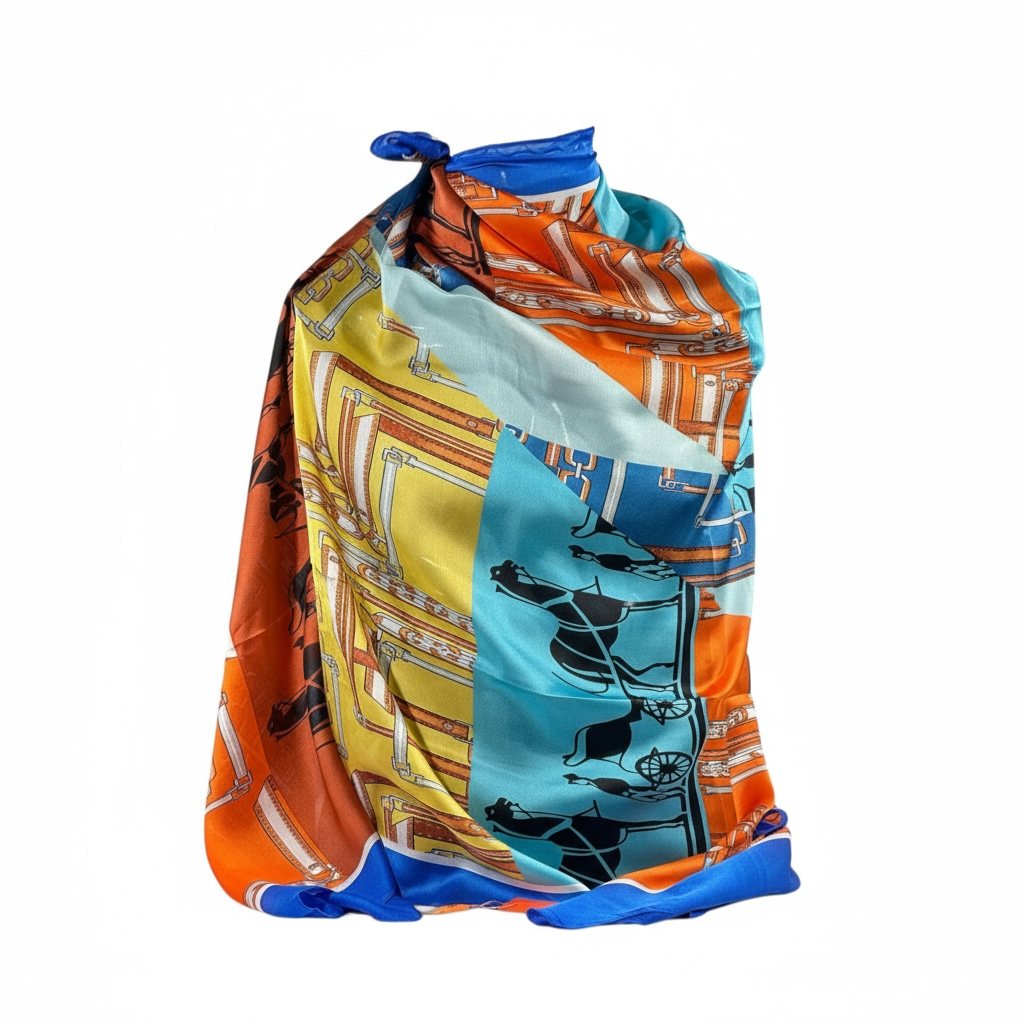 💙🧡 Hermès Paris Silk Scarf – Blue & Orange Equestrian Elegance ✨