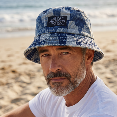 Calvin Klein Jeans Patchwork Denim Bucket Hat – Blue Tie-Dye Look