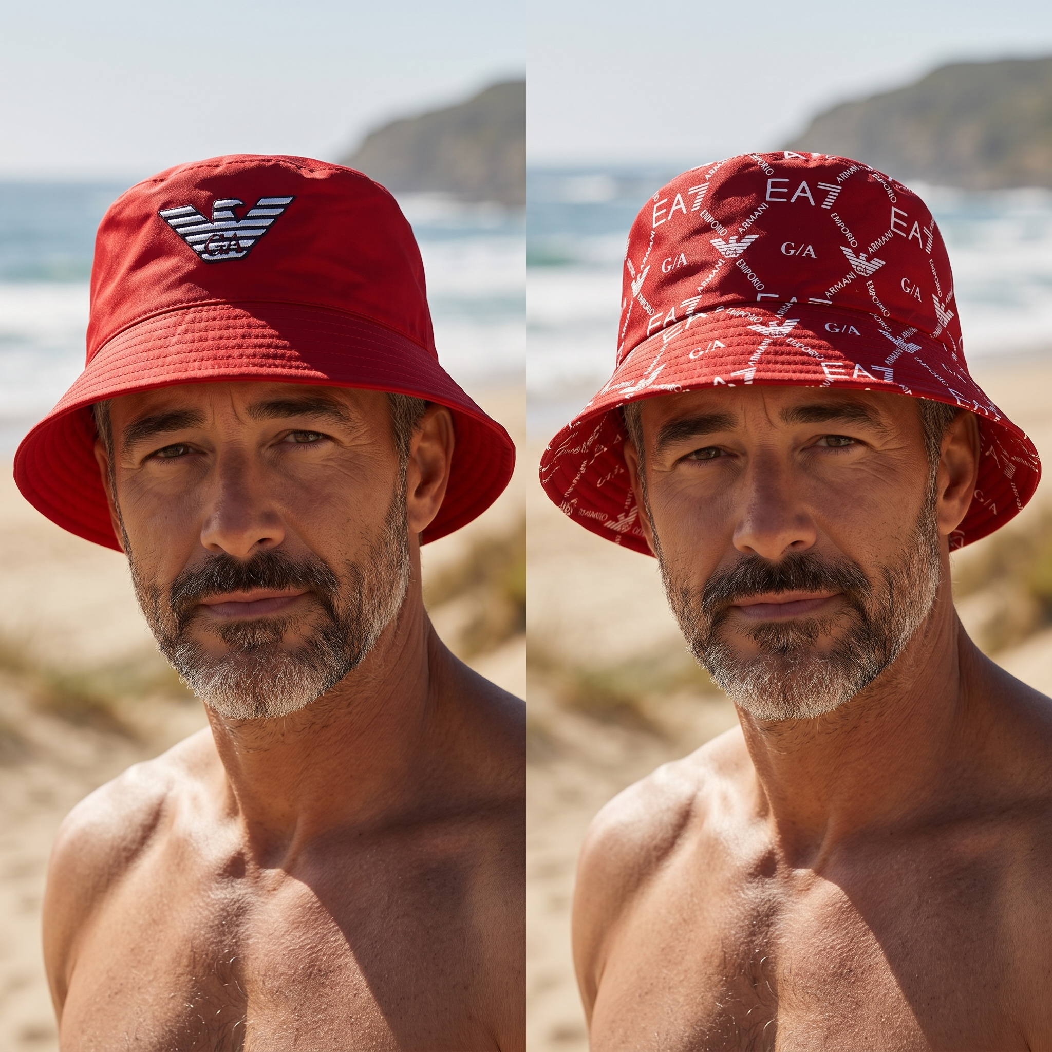 Emporio Armani Reversible Bucket Hat 🔴 | Red Double-Face Logo Hat with Monogram & Eagle Embroider