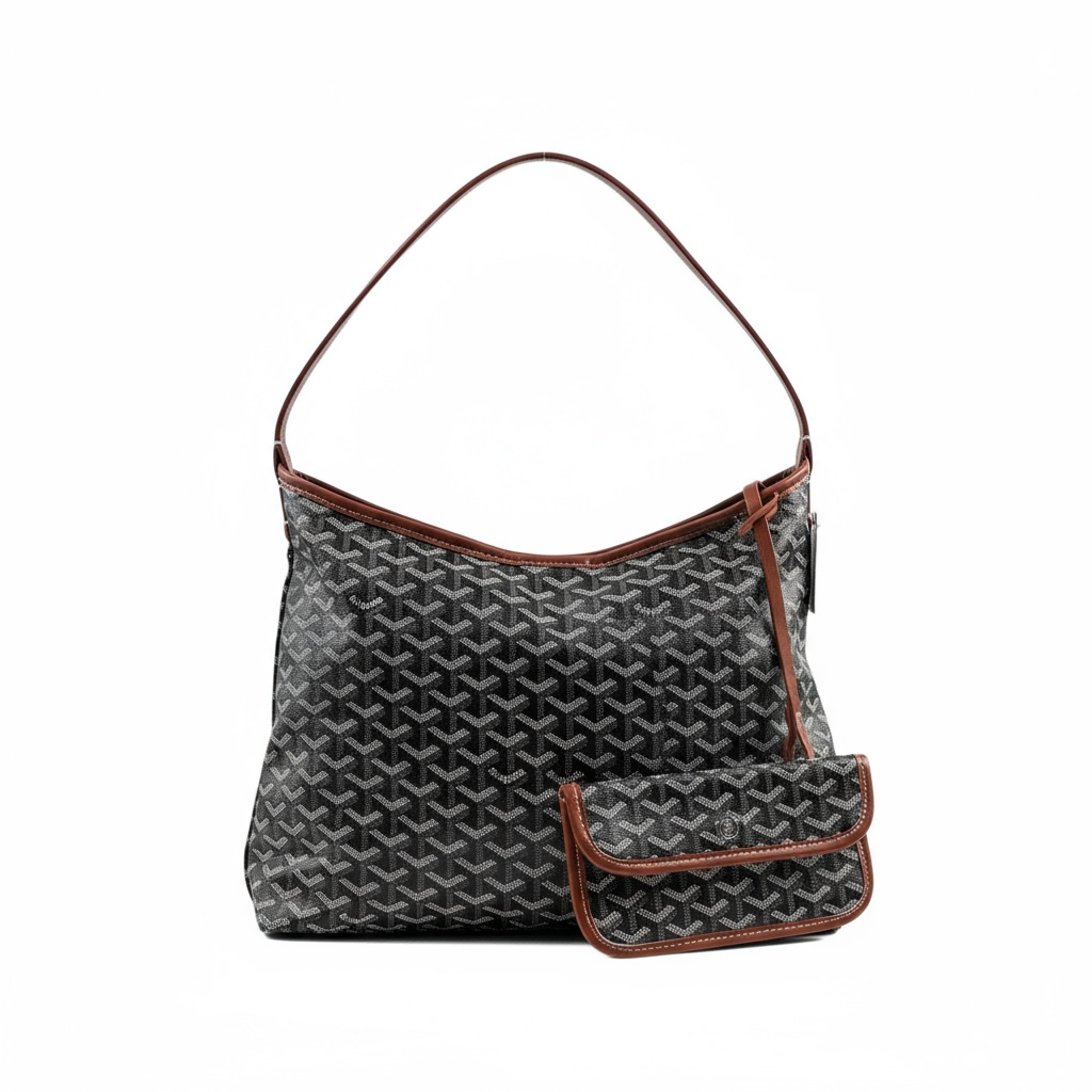 🖤🤎 Goyard Black Shoulder Bag with Brown Trim & Pouch – Elegant Contrast, Timeless Luxury ✨