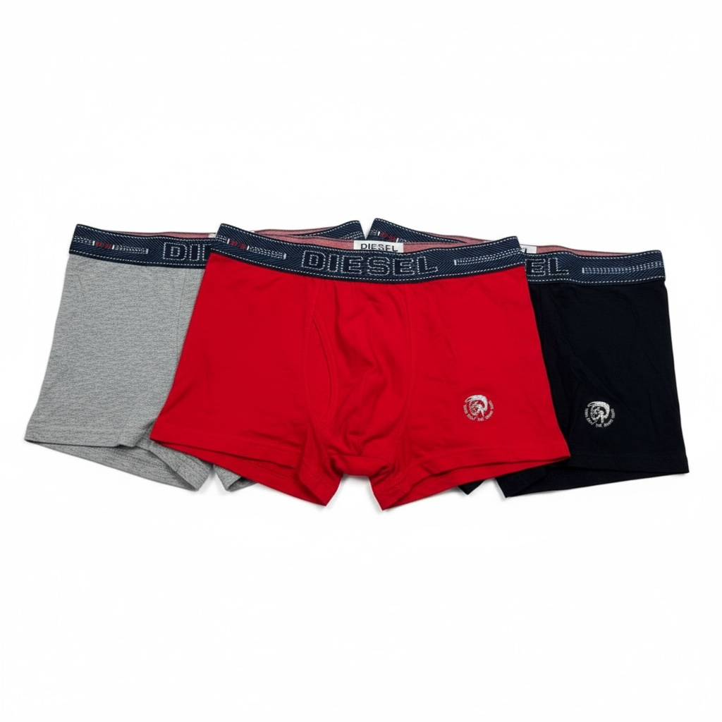 🩳 Diesel Men’s Boxer Briefs – 3-Pack Brave Logo Edition (Grey, Red, Black) 🔥