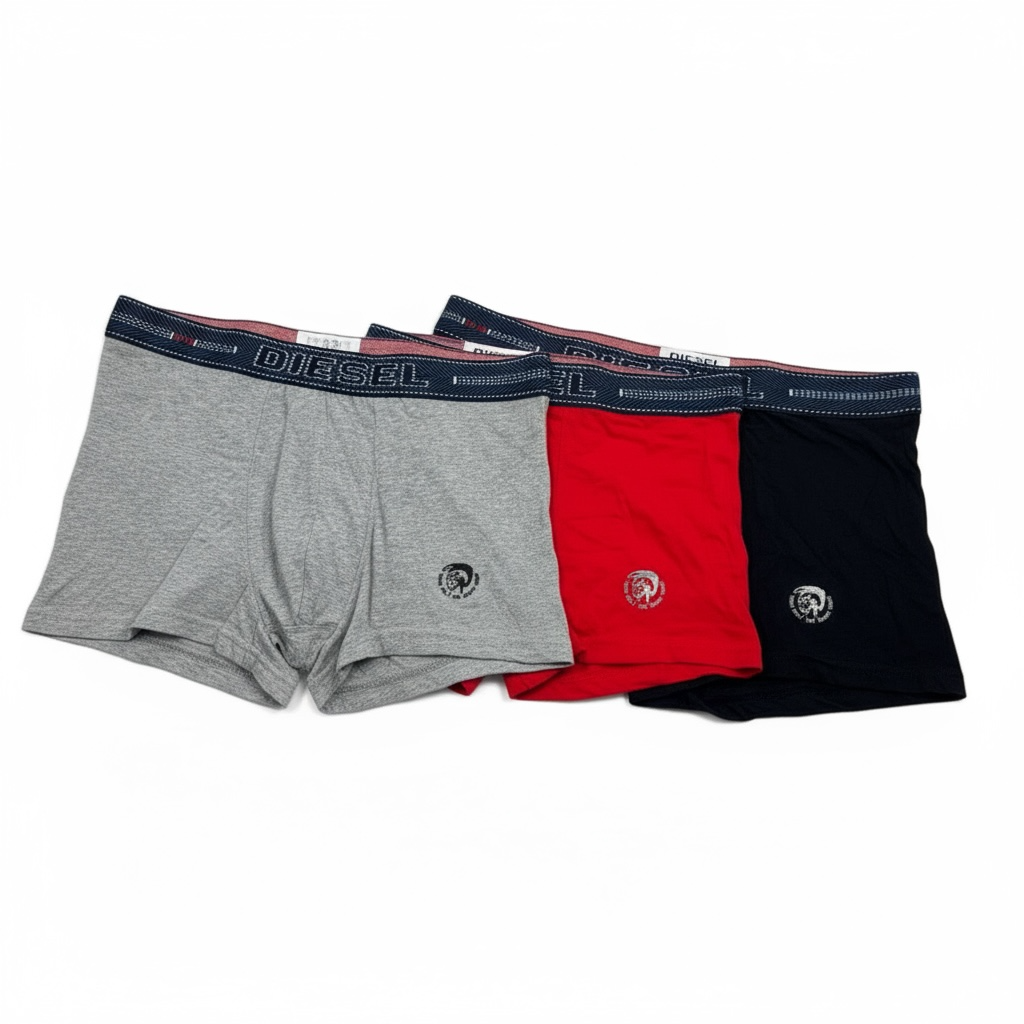 🩳 Diesel Men’s Boxer Briefs – 3-Pack Brave Logo Edition (Grey, Red, Black) 🔥