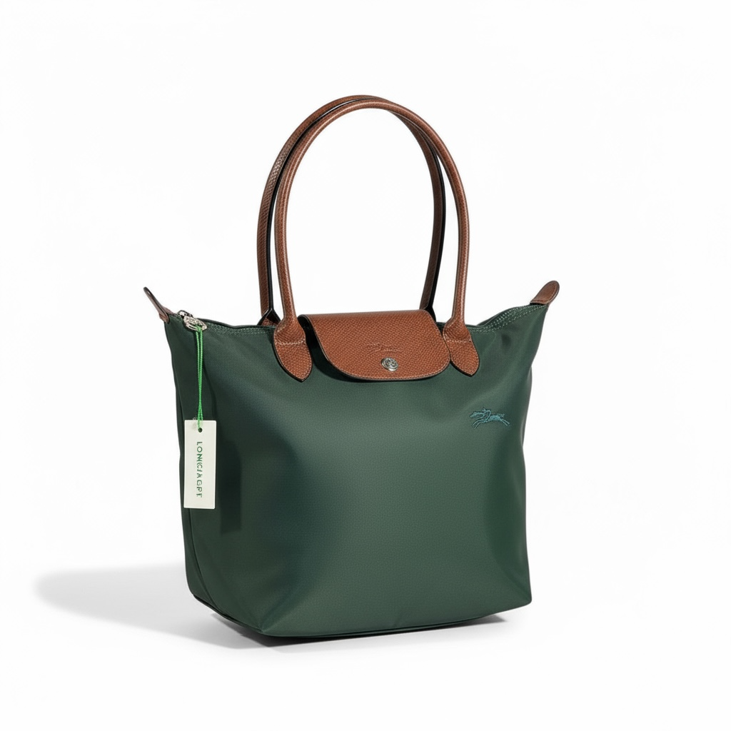 Longchamp Le Pliage Small Tote 🌿 Forest Green with Brown Leather
