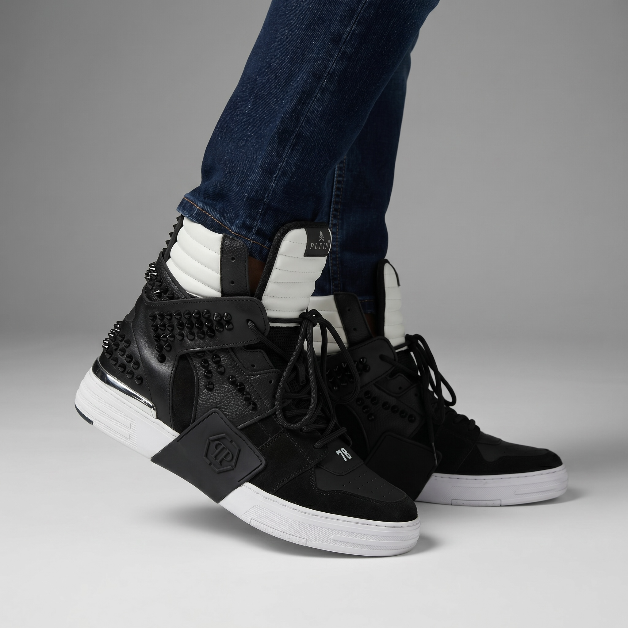 👟 Philipp Plein Black & White Studded High-Top Sneakers – Bold Luxury Statement 🖤🤍🔥