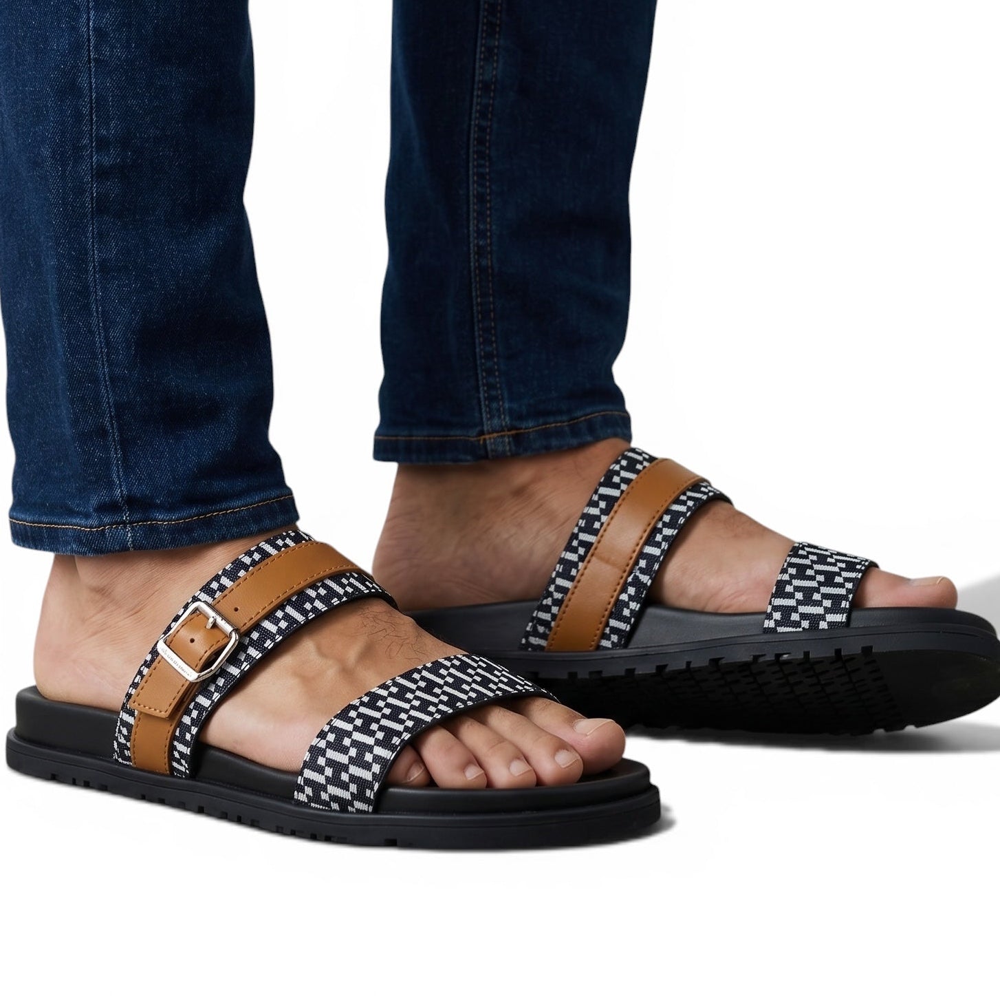 Hermès Men's Double Strap Sandals – Black & Tan Elegance 🖤🟤