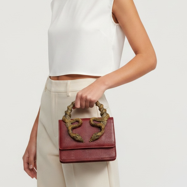 ROBERTO CAVALLI Snake Handle Mini Bag – Burgundy Gold 🍷🐍 | Iconic Statement Luxury