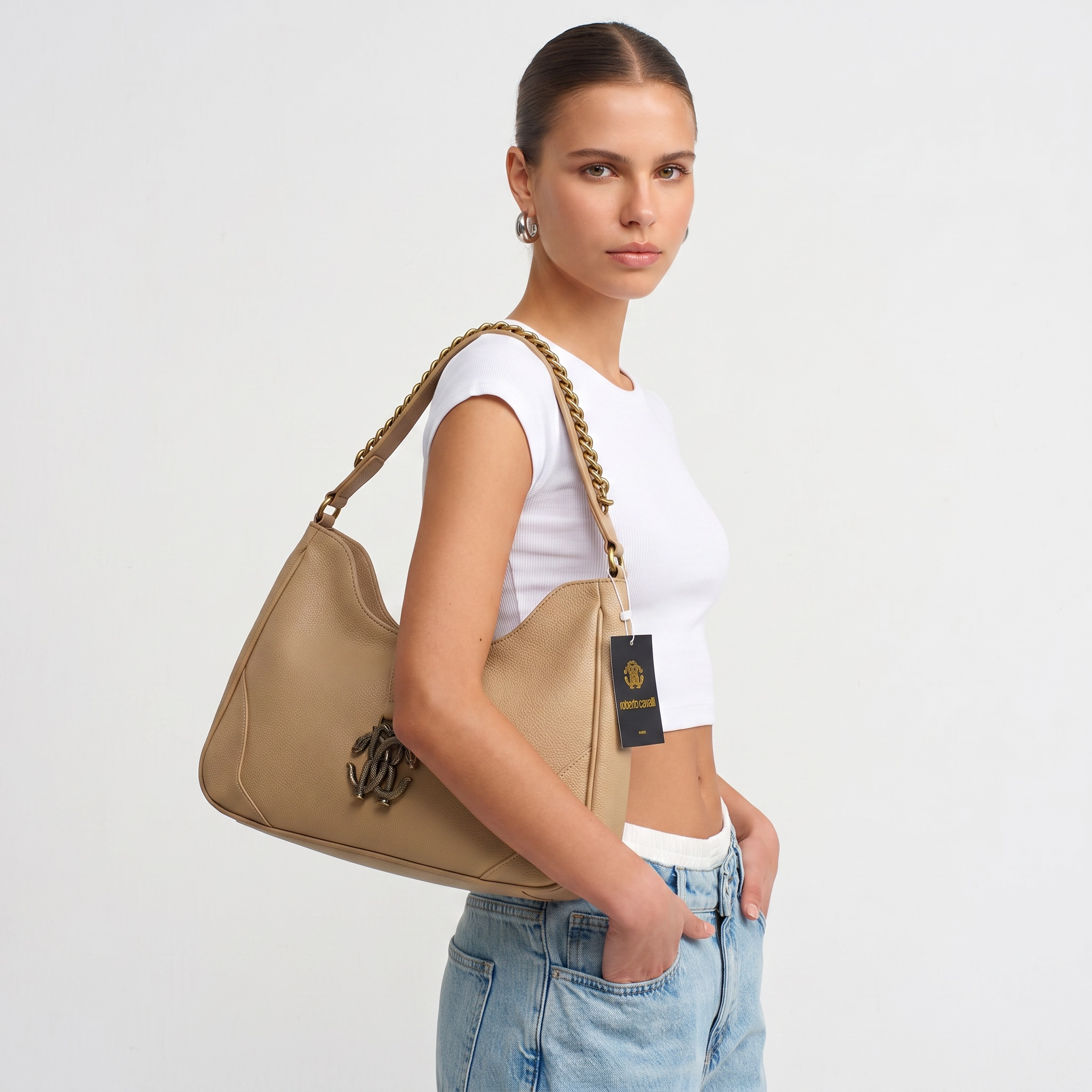 ROBERTO CAVALLI RC Monogram Shoulder Bag – Beige 🤍✨ | Elegant Everyday Luxury