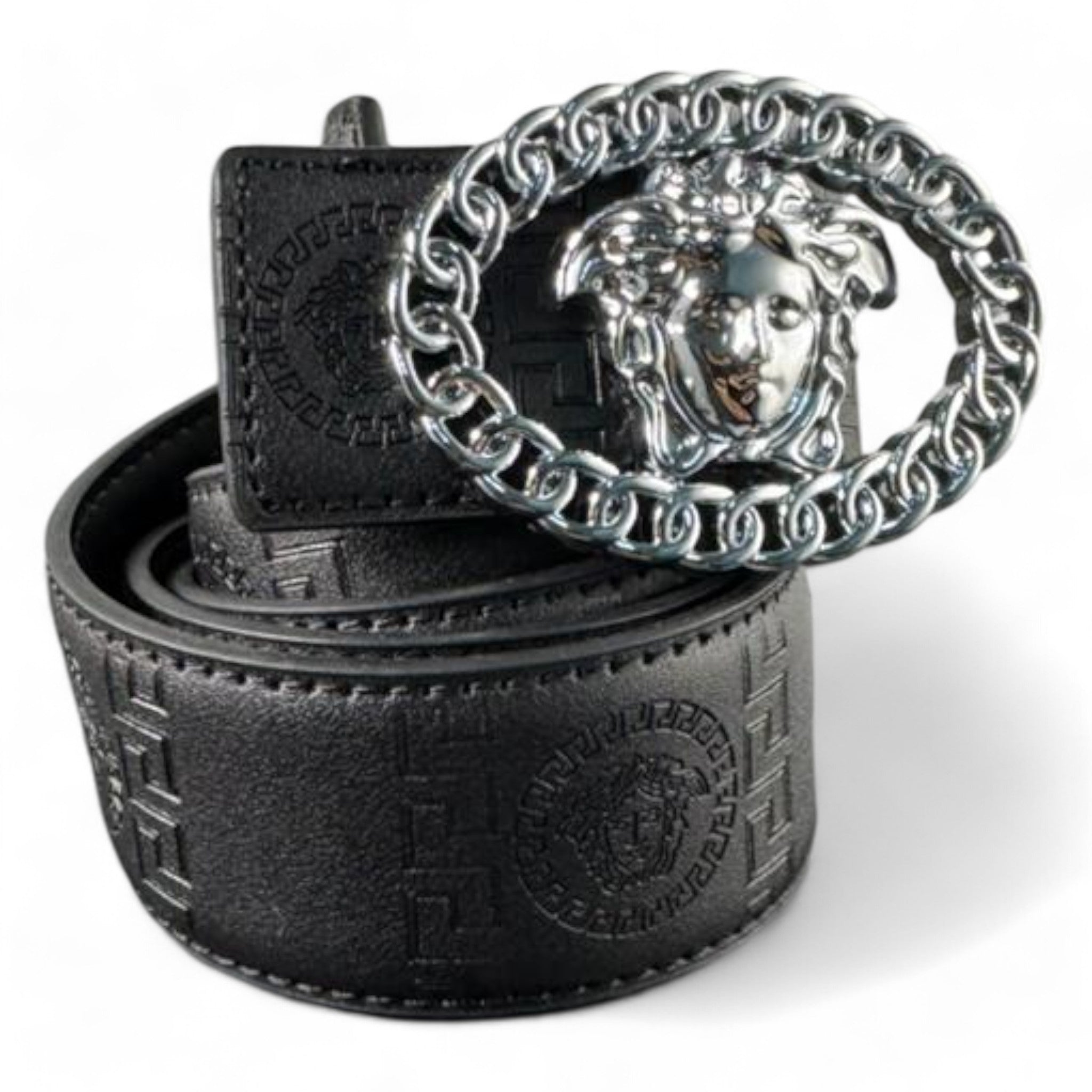 Versace Black Leather Belt with Medusa Chain Buckle