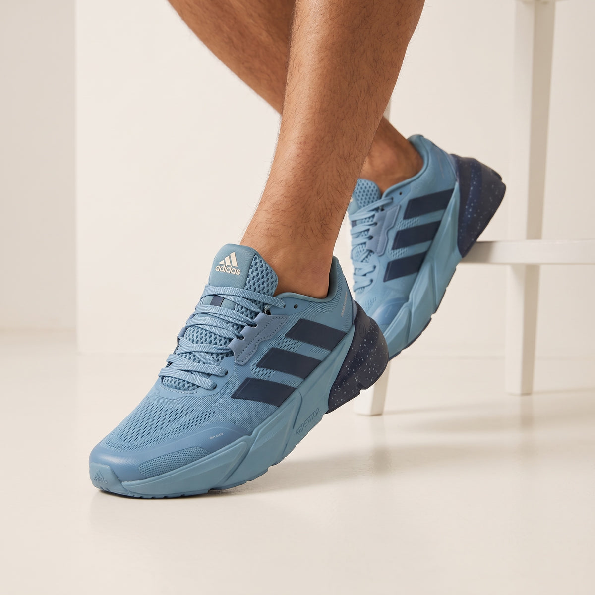 cloud blue adidas chunky sneakers with mesh upper and speckled midsole