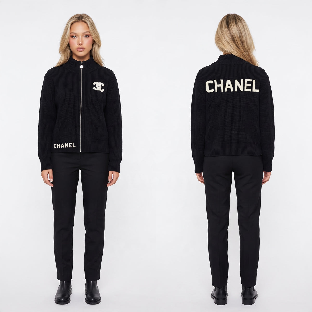 Black Chanel ribbed zip cardigan with white CC logo on chest and CHANEL lettering on back