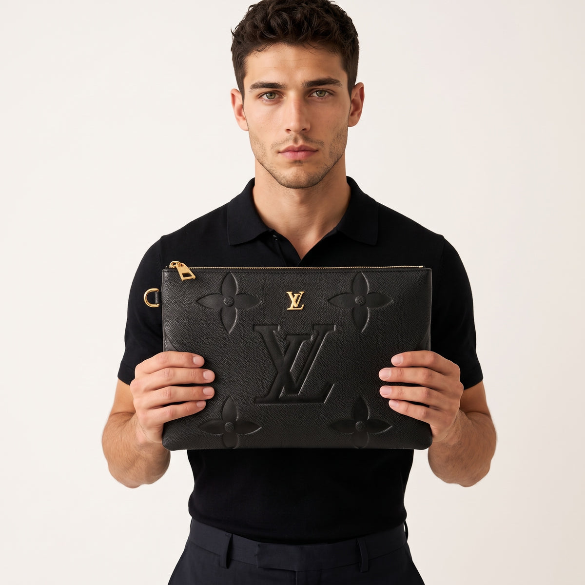 black Louis Vuitton embossed monogram clutch with gold zipper held by model