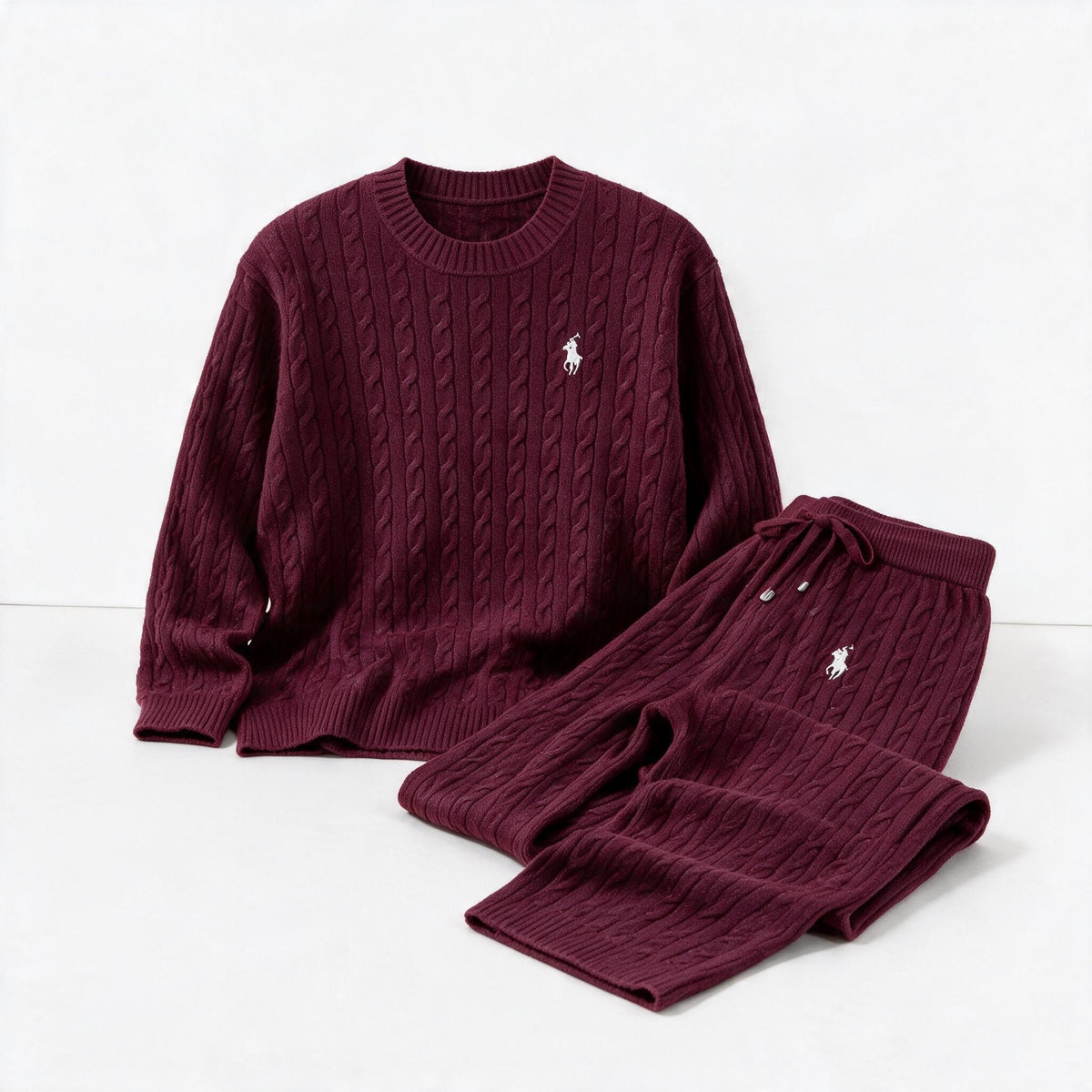 Ralph Lauren burgundy cable knit sweater and matching drawstring trousers with embroidered pony logo
