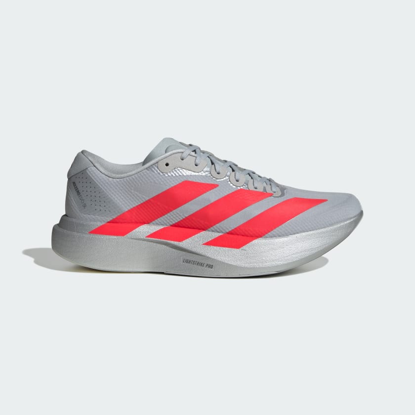 silver adidas adizero running shoe with solar red three stripes