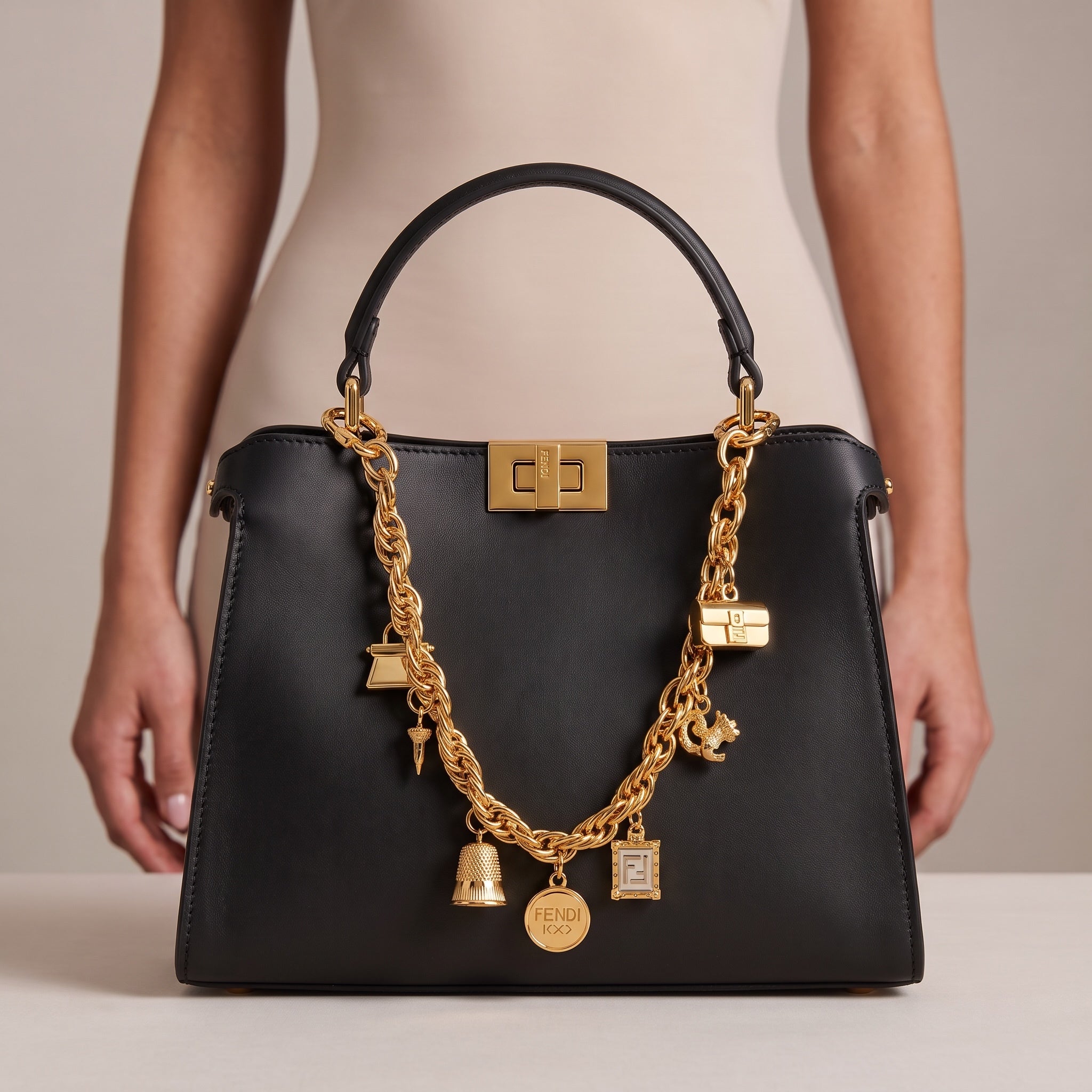 Black Fendi top-handle bag with gold chain charms and gold clasp