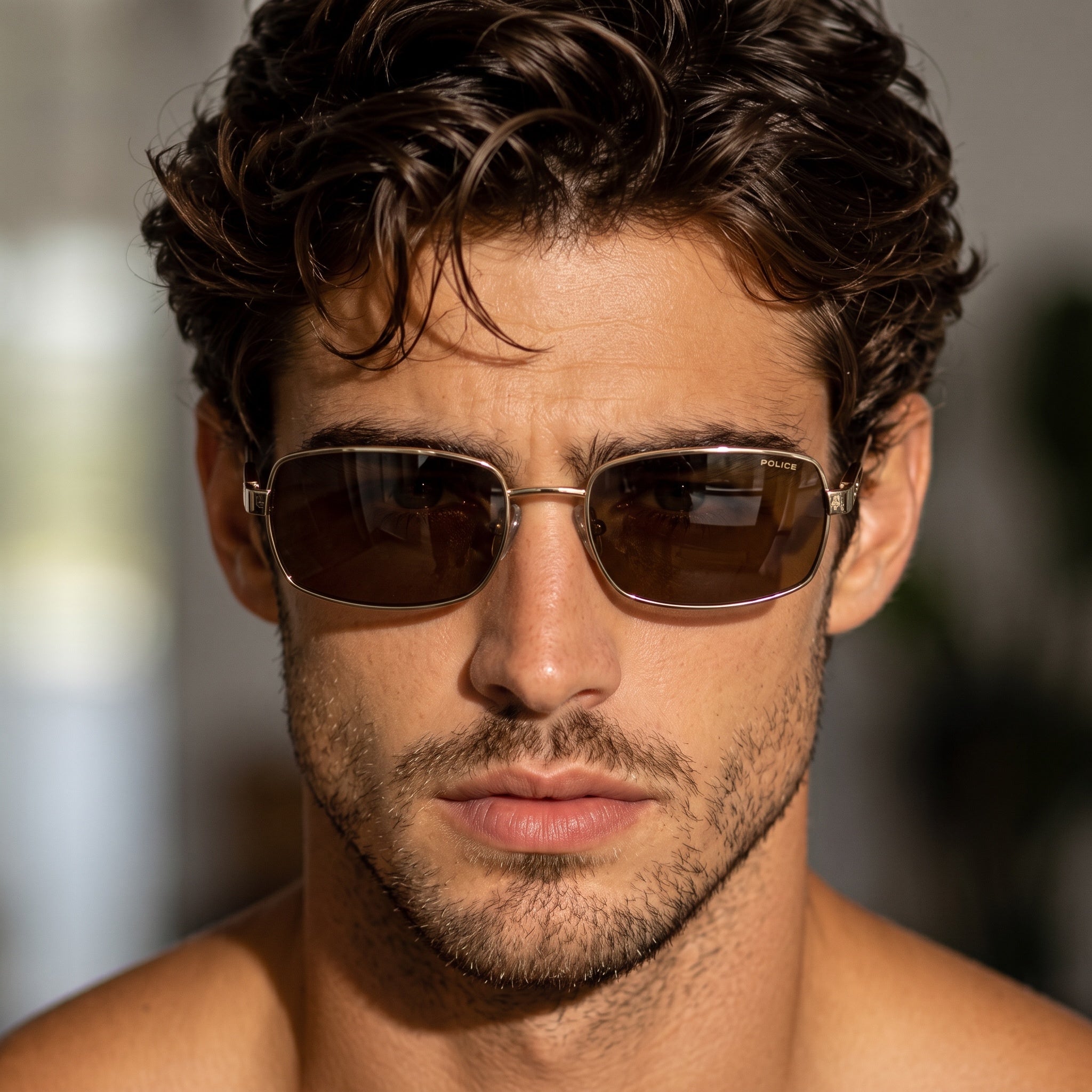 Close-up of Police sunglasses with brown gradient lenses and gold-tone metal frame