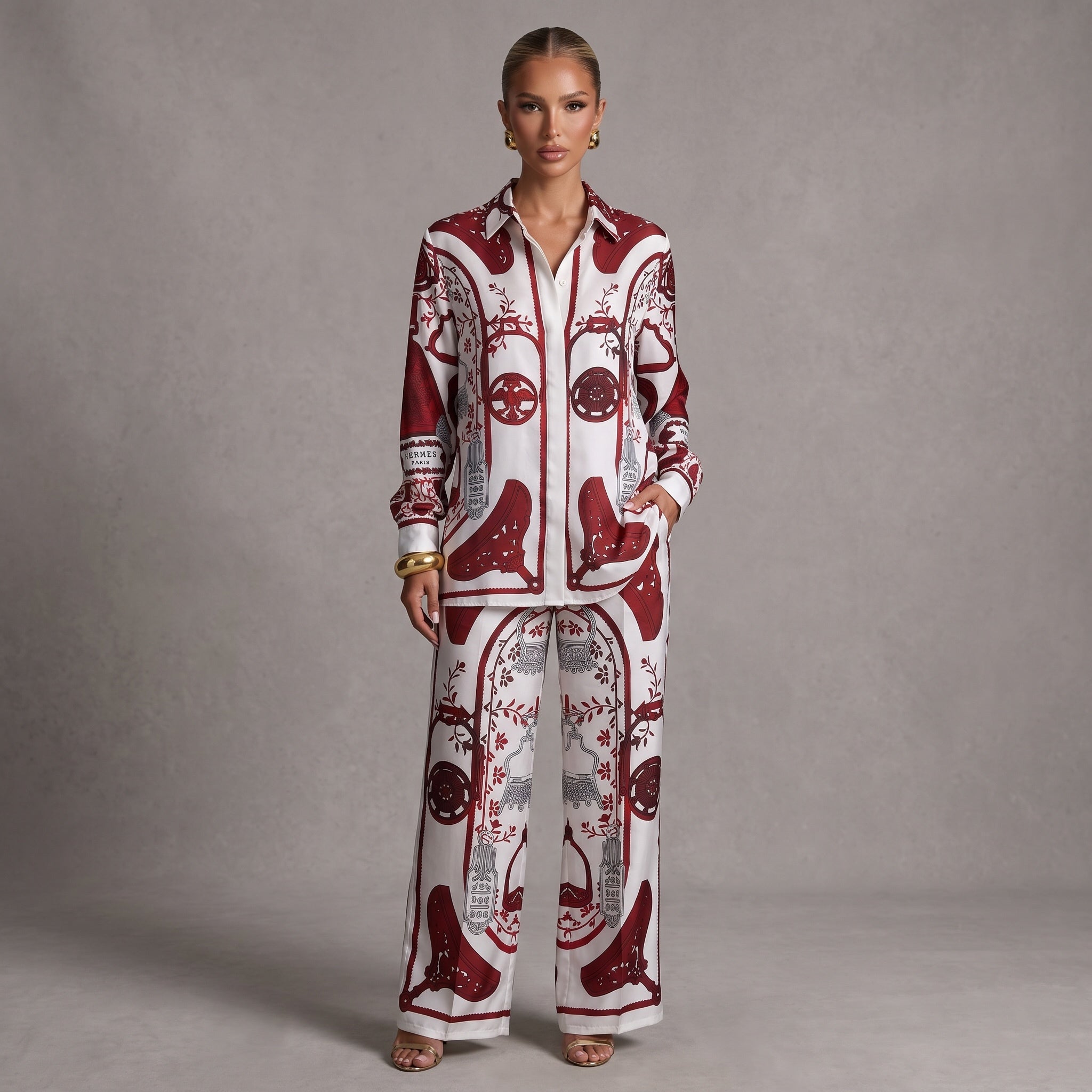 Hermes red and white printed shirt with matching wide-leg trousers