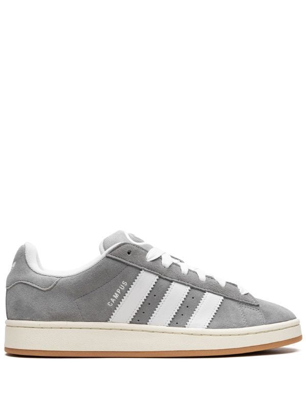 Adidas Campus low-top grey suede sneakers with white 3‑Stripes and gum sole