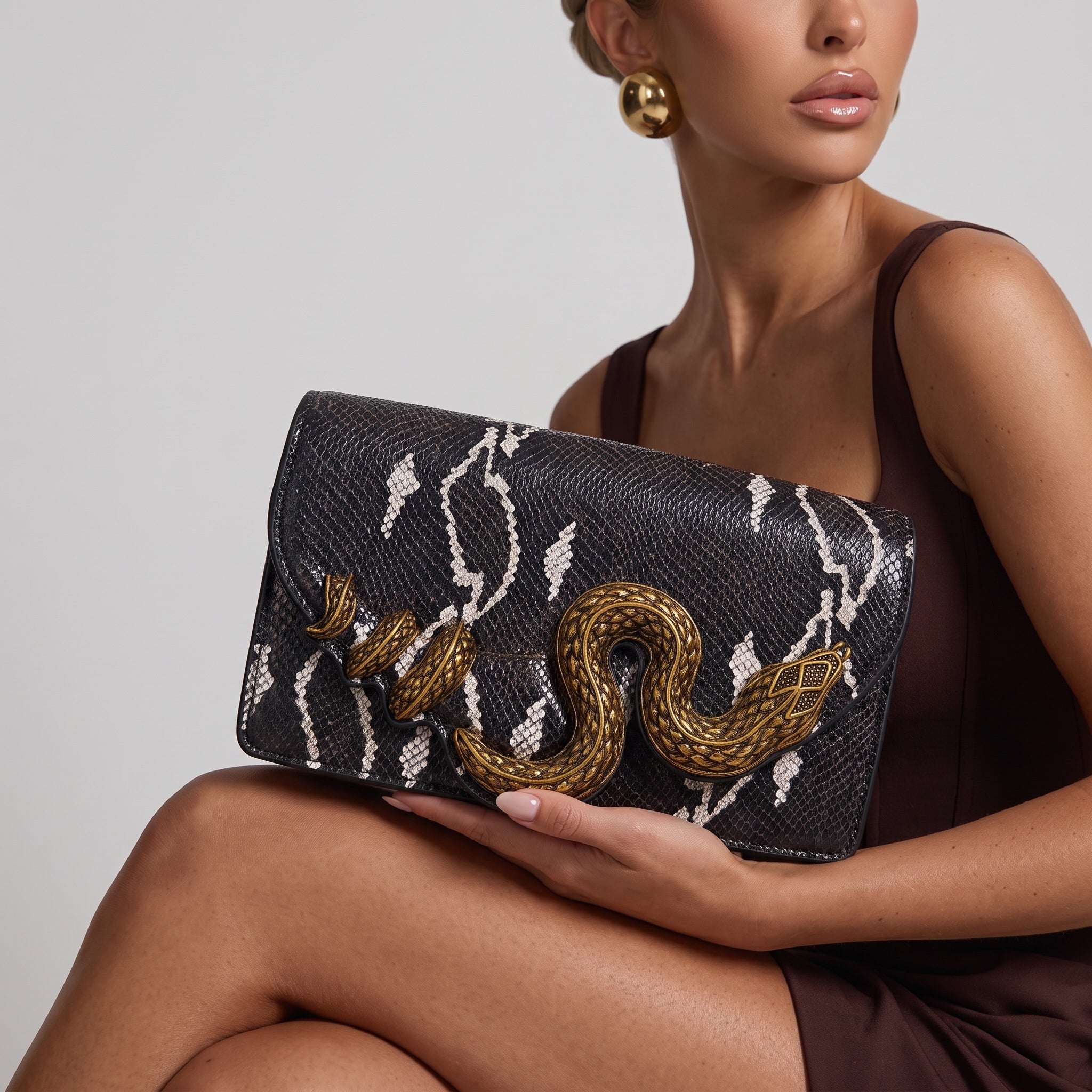 black snake-print clutch with gold snake hardware