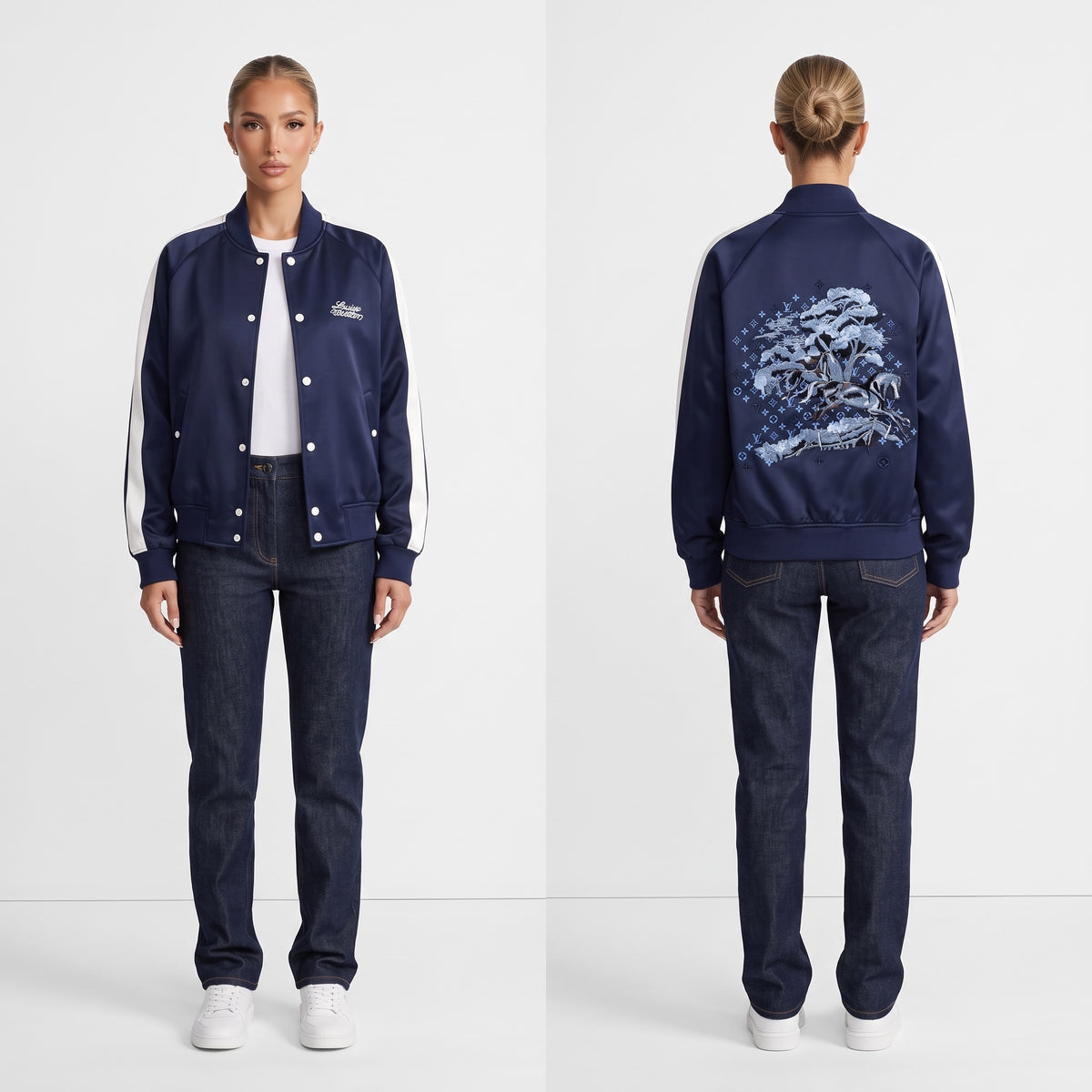 Louis Vuitton navy bomber jacket with embroidered back and white contrast panels