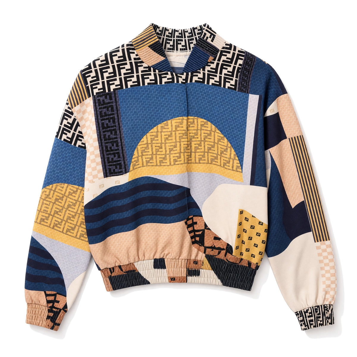 Cropped Fendi printed bomber jacket with multicolor geometric and FF monogram pattern