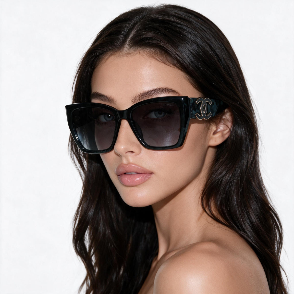Chanel oversized green tortoise cat-eye sunglasses with double C logo on temples