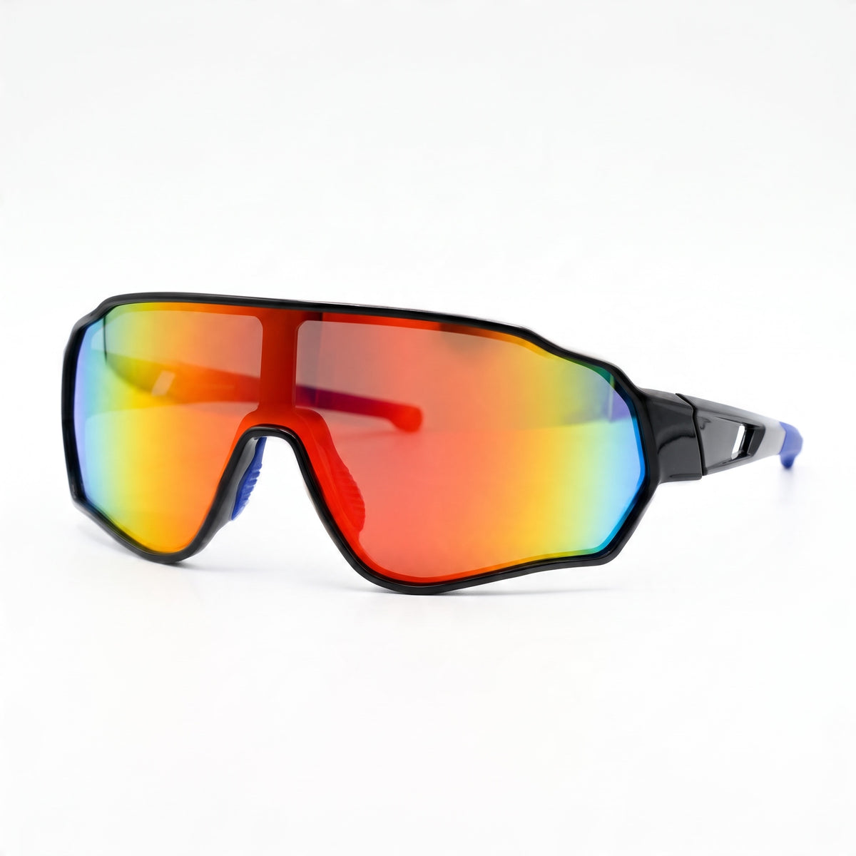 black frame shield sunglasses with rainbow mirrored lens