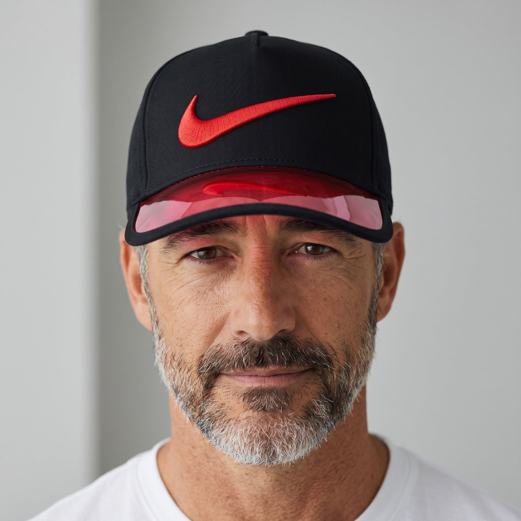 Man wearing a black Nike baseball cap with a red embroidered Swoosh logo
