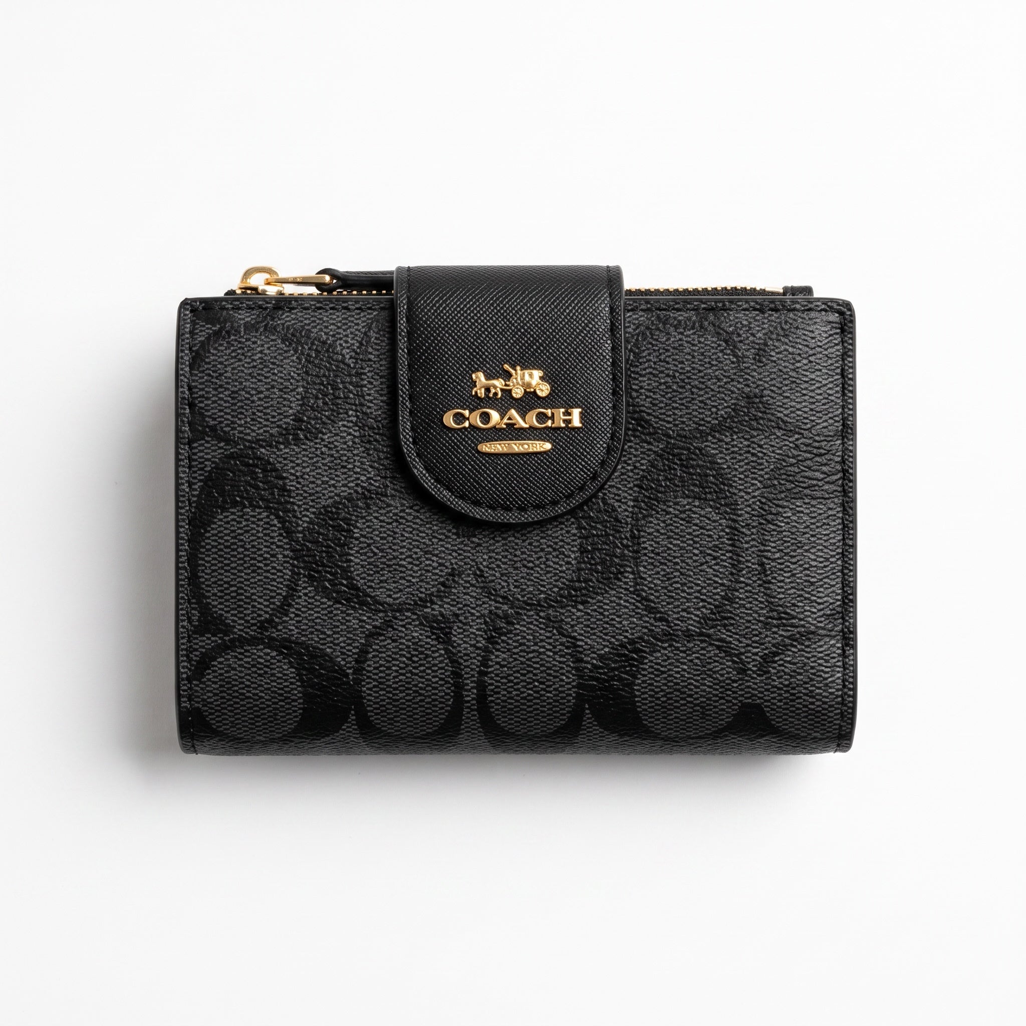 Black Coach zip wallet with tonal signature print and gold logo
