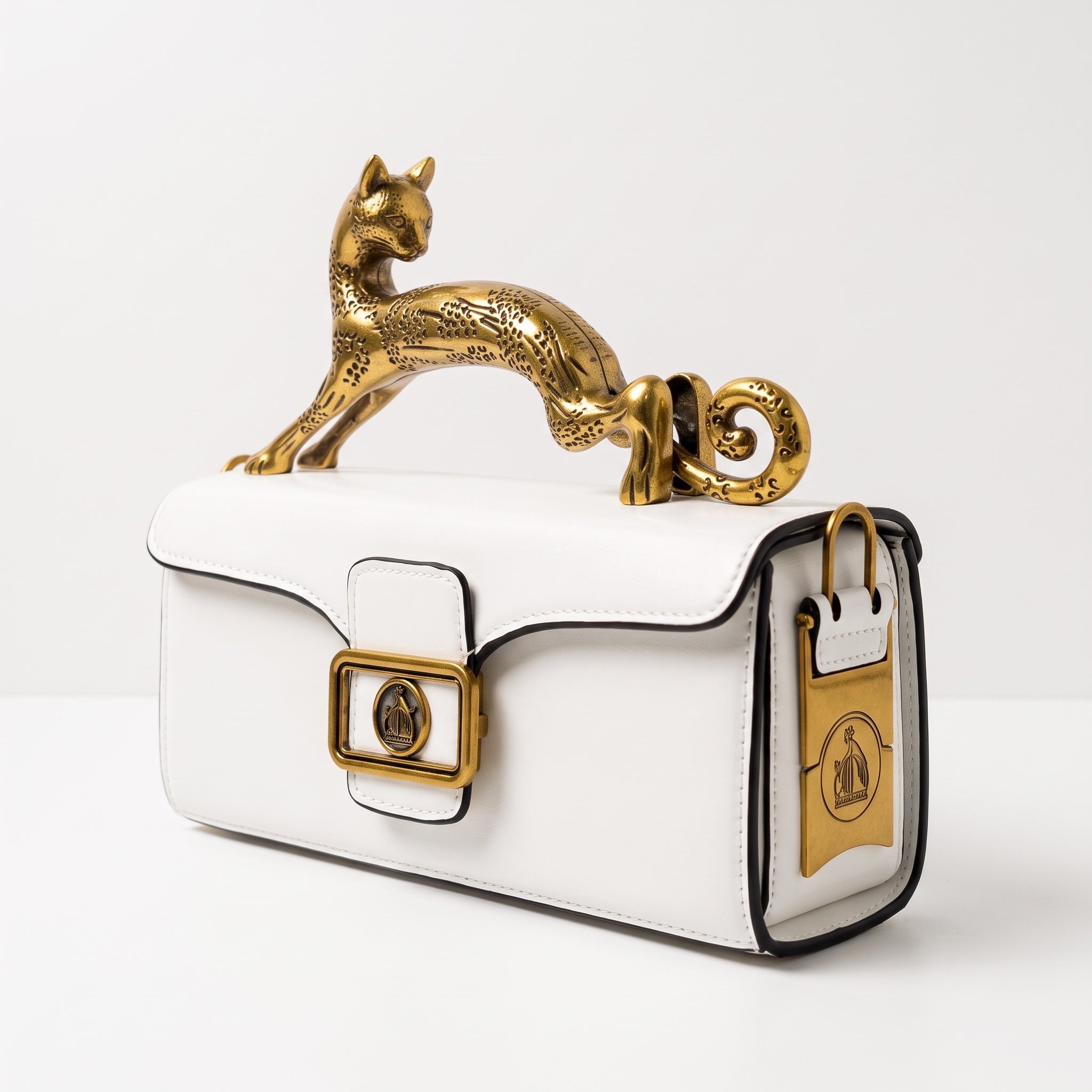 White structured shoulder bag with sculptural gold cat handle and antique‑gold buckles