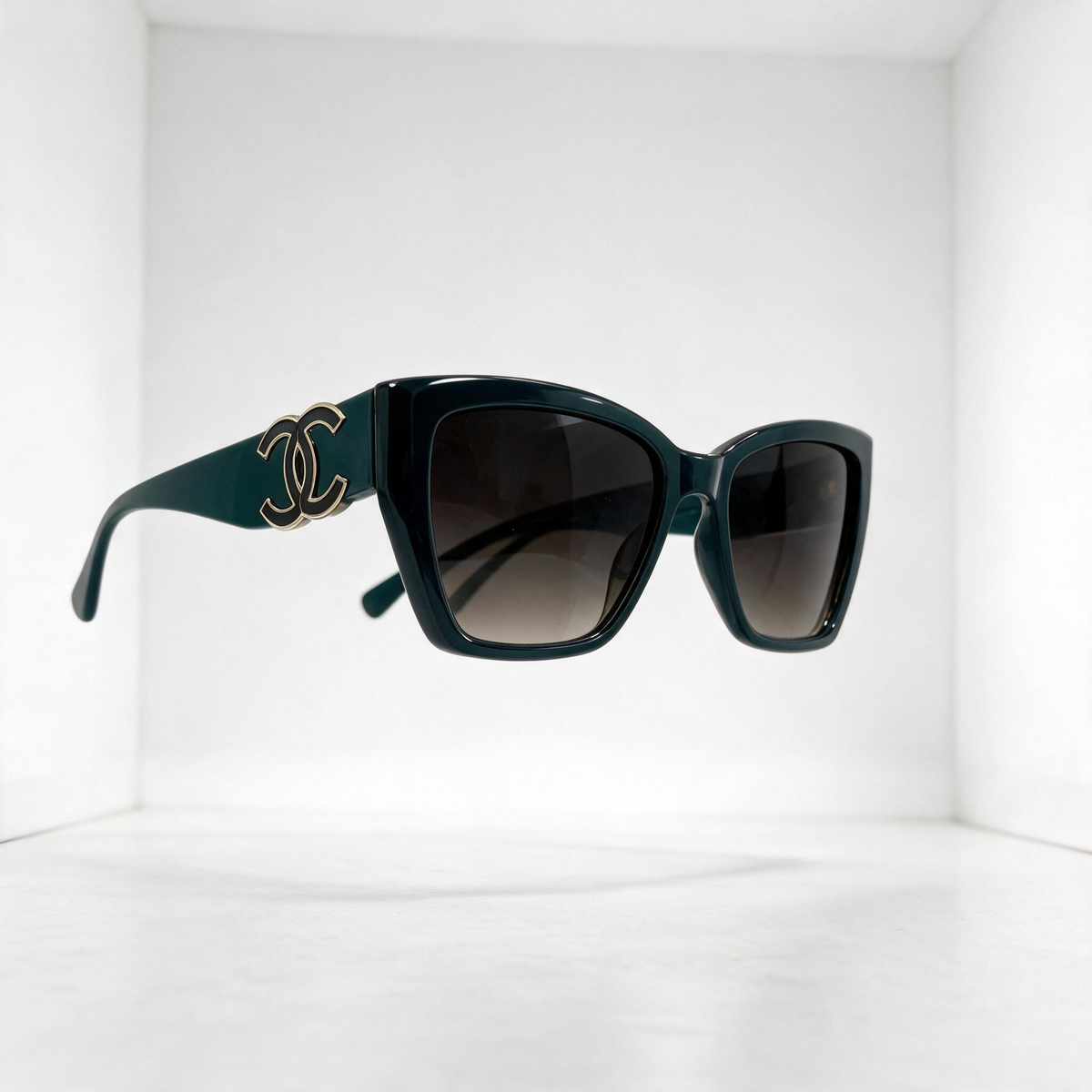 Chanel oversized square dark green sunglasses with gold double C logos and gradient lenses