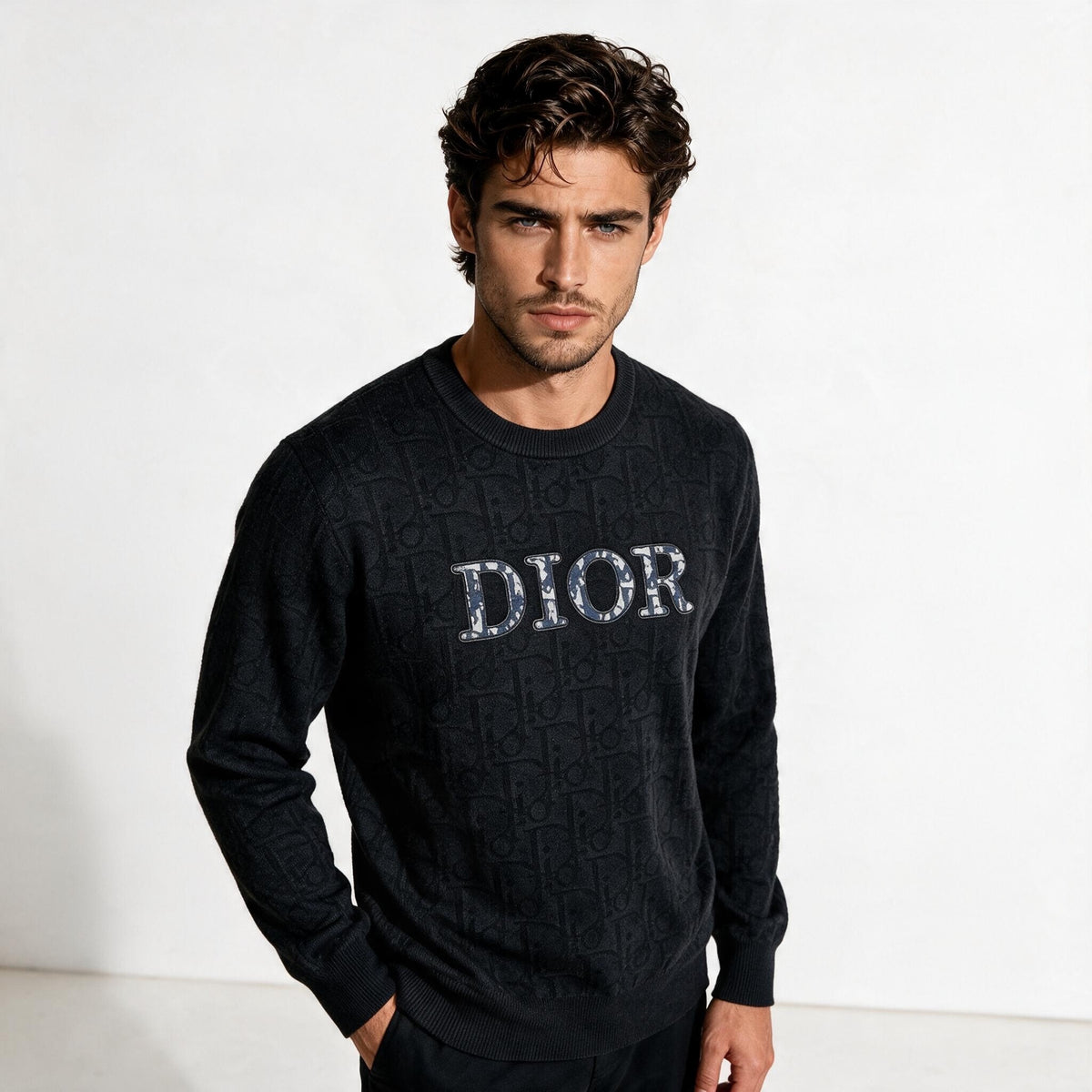 Black Dior crewneck sweater with tonal monogram and large chest logo