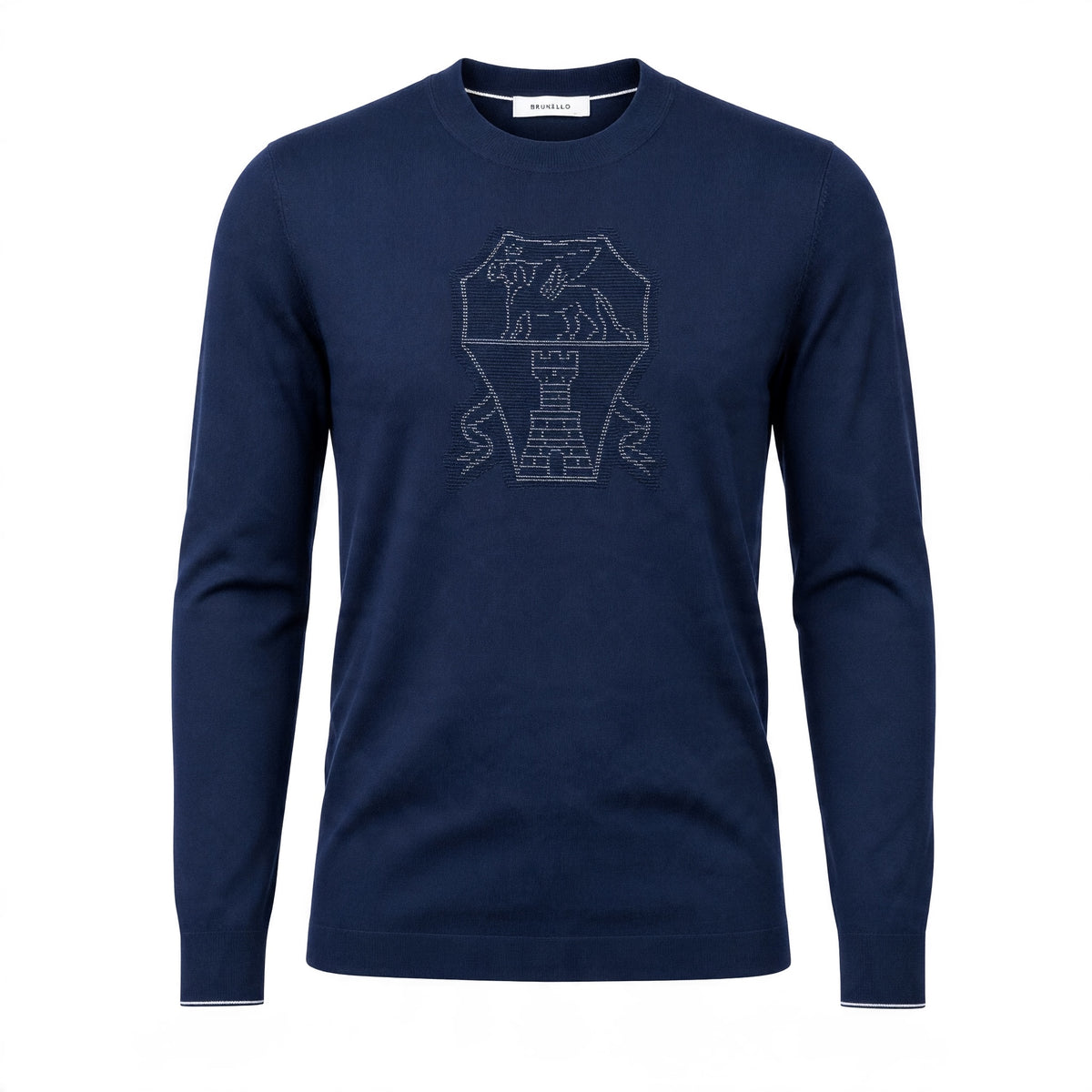Brunello Cucinelli navy crewneck sweater with stitched crest