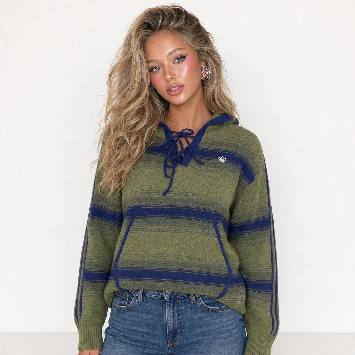 Adidas olive and navy striped lace-up baja hoodie with kangaroo pocket