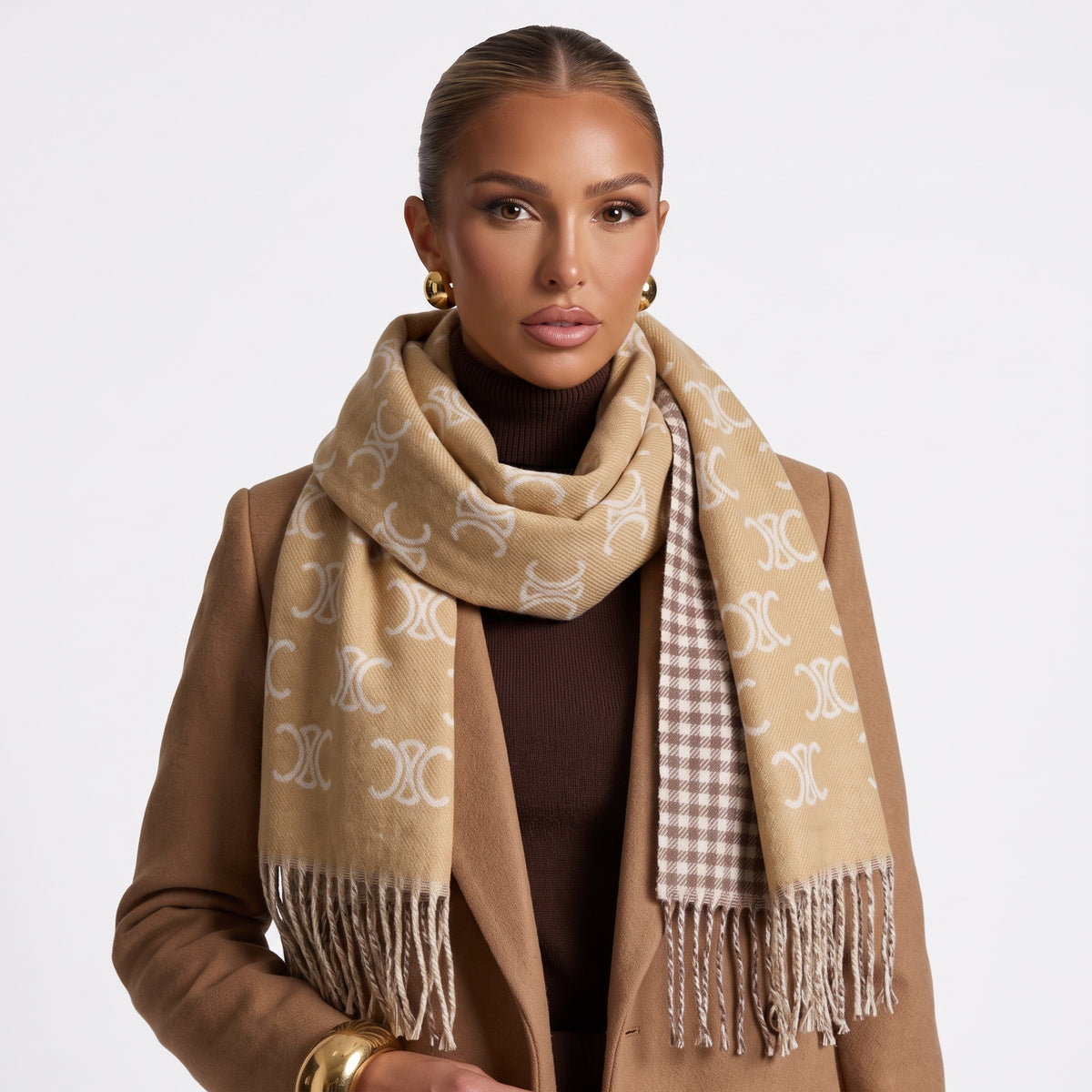 Beige Celine logo scarf with houndstooth panel and fringed ends wrapped around model