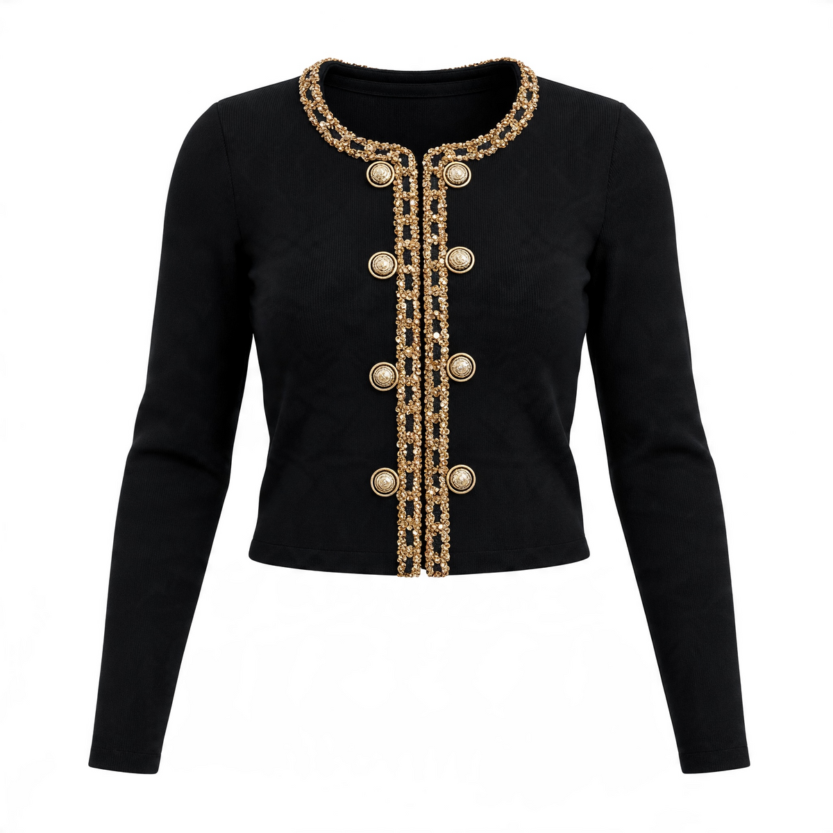 Black cardigan with gold chain trim and gold buttons