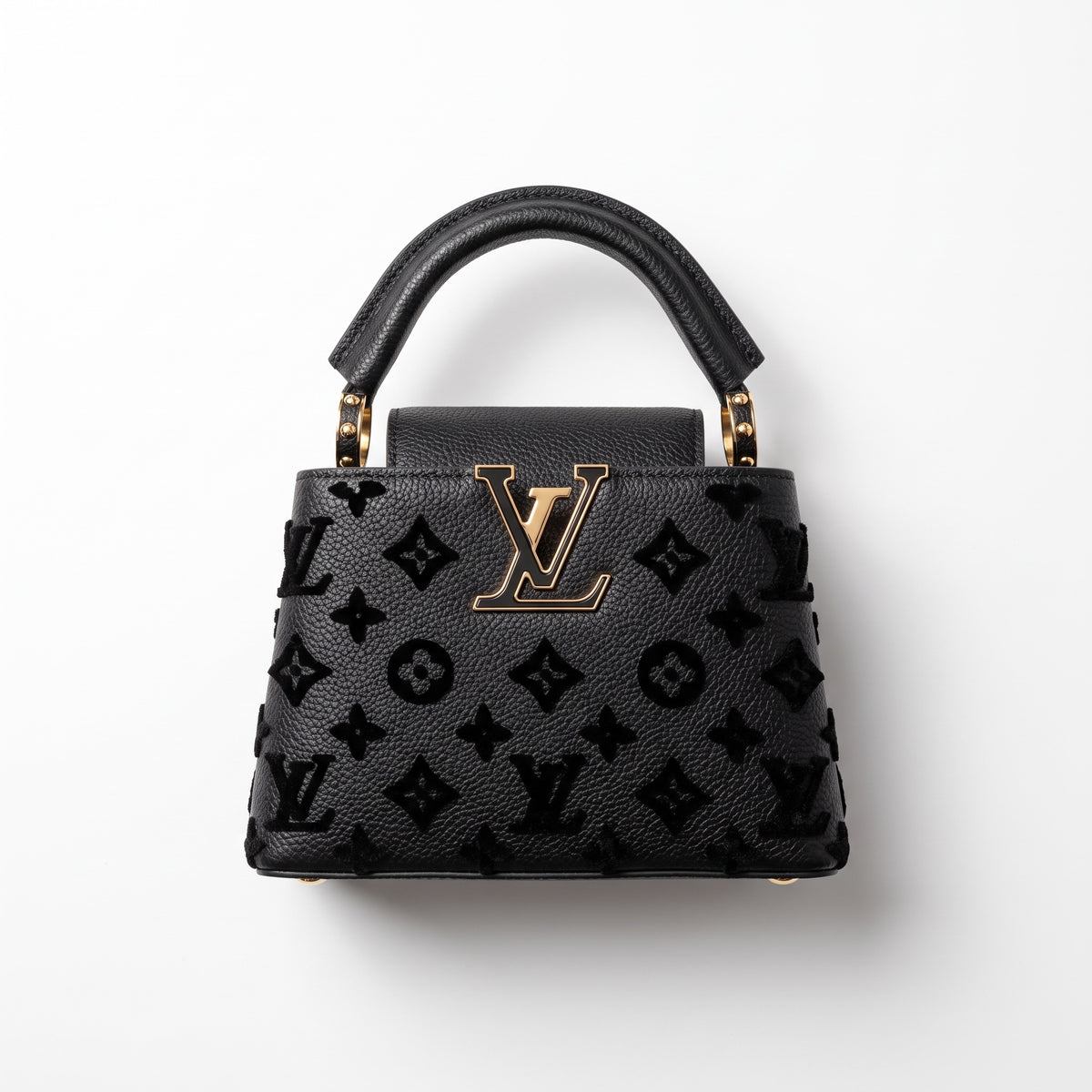 Black Louis Vuitton Capucines BB top-handle bag with gold LV plaque and monogram motif
