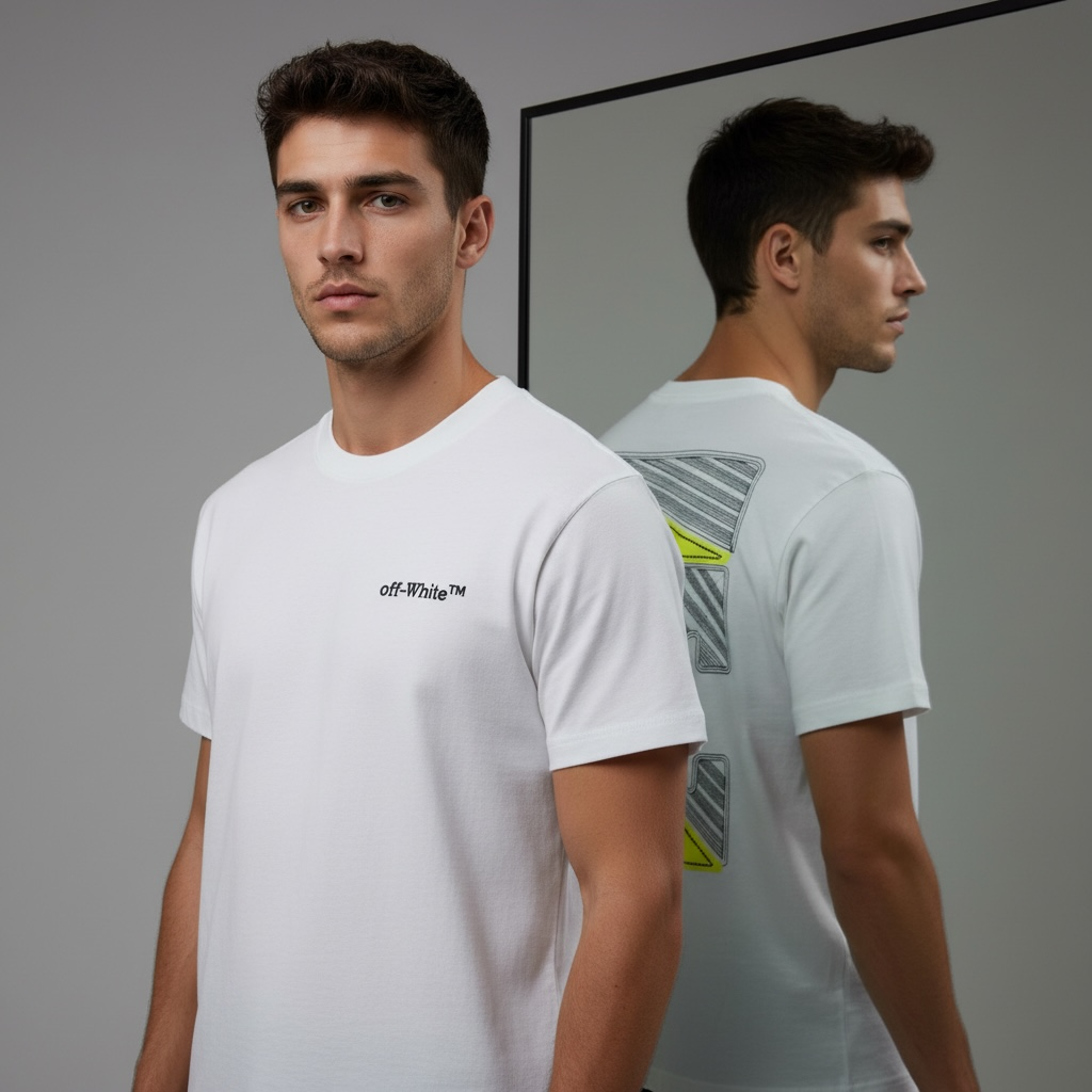White Off-White crew-neck t-shirt with small chest logo and neon arrow graphic on back