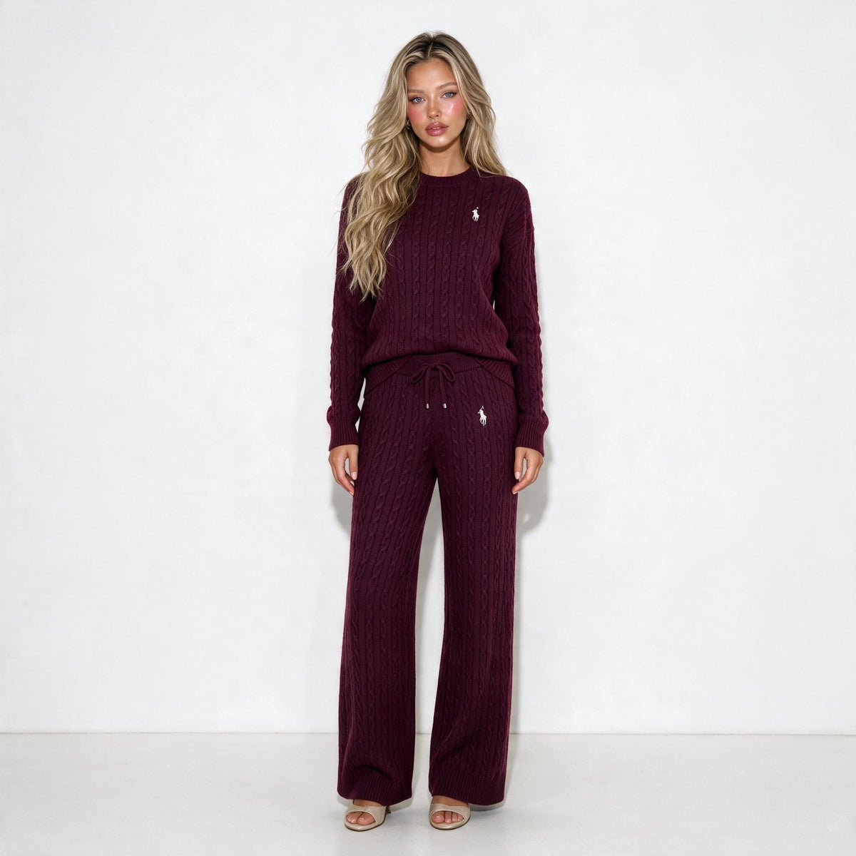 Ralph Lauren burgundy cable knit sweater and matching drawstring trousers with embroidered pony logo