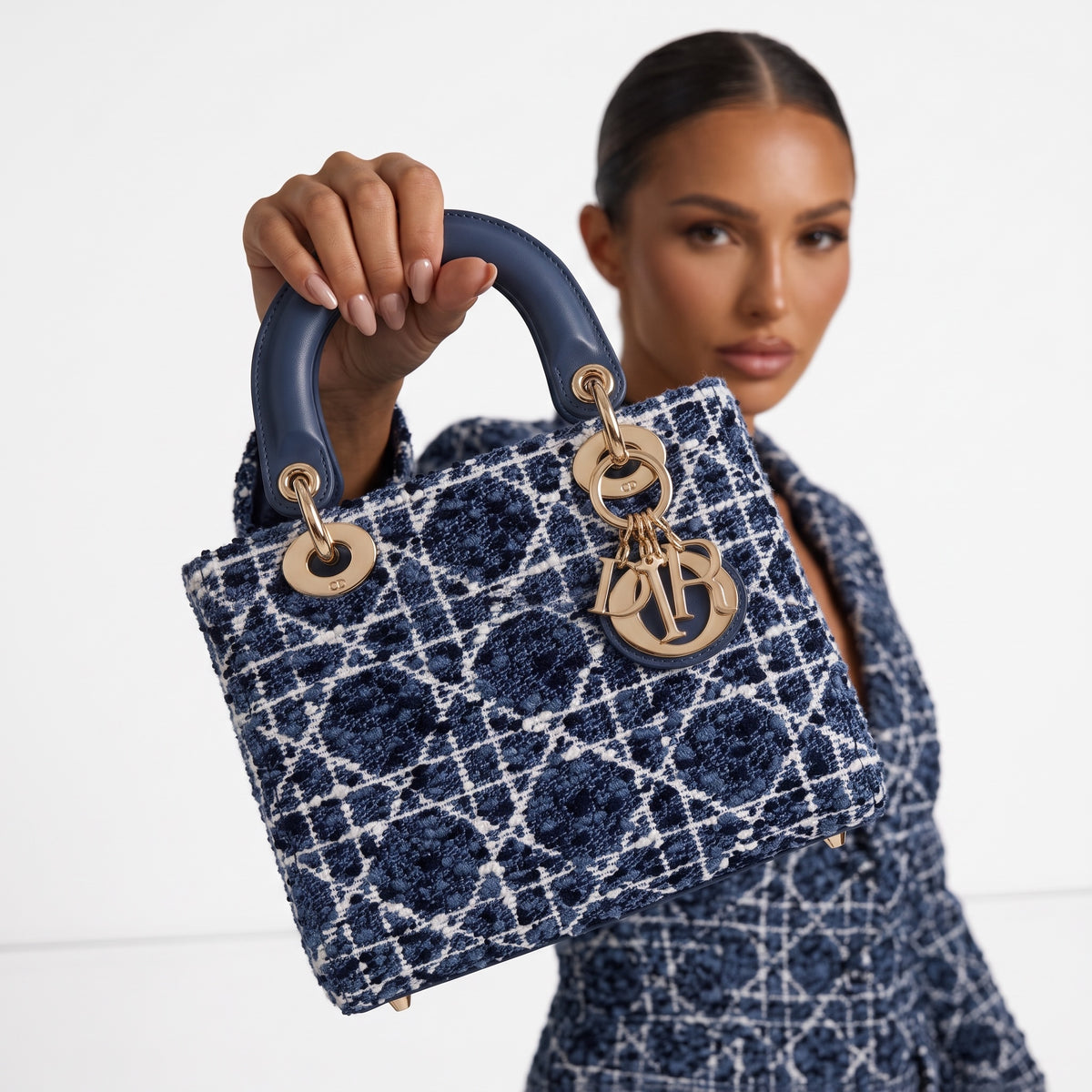 Dior Lady D-Lite small blue tweed tote with rounded leather handles and gold Dior charms