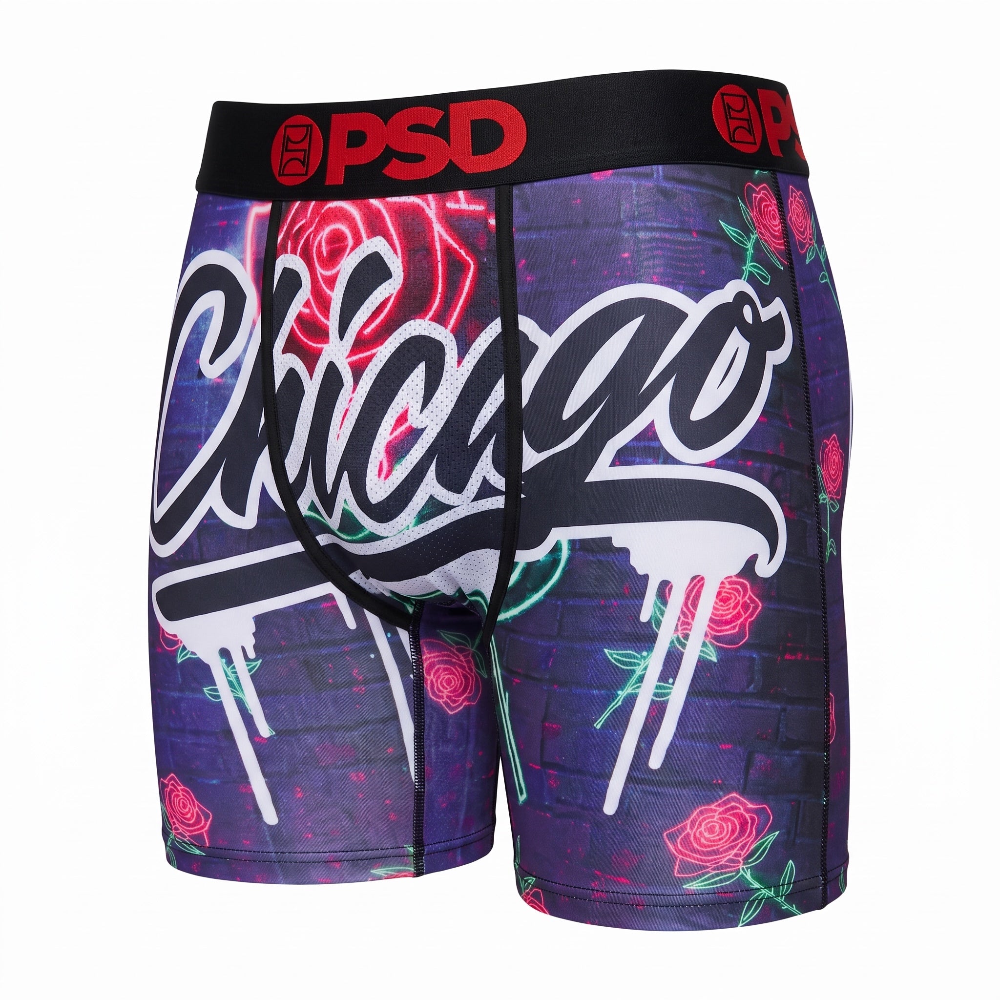 PSD neon rose graffiti boxer briefs with black waistband and red PSD logo