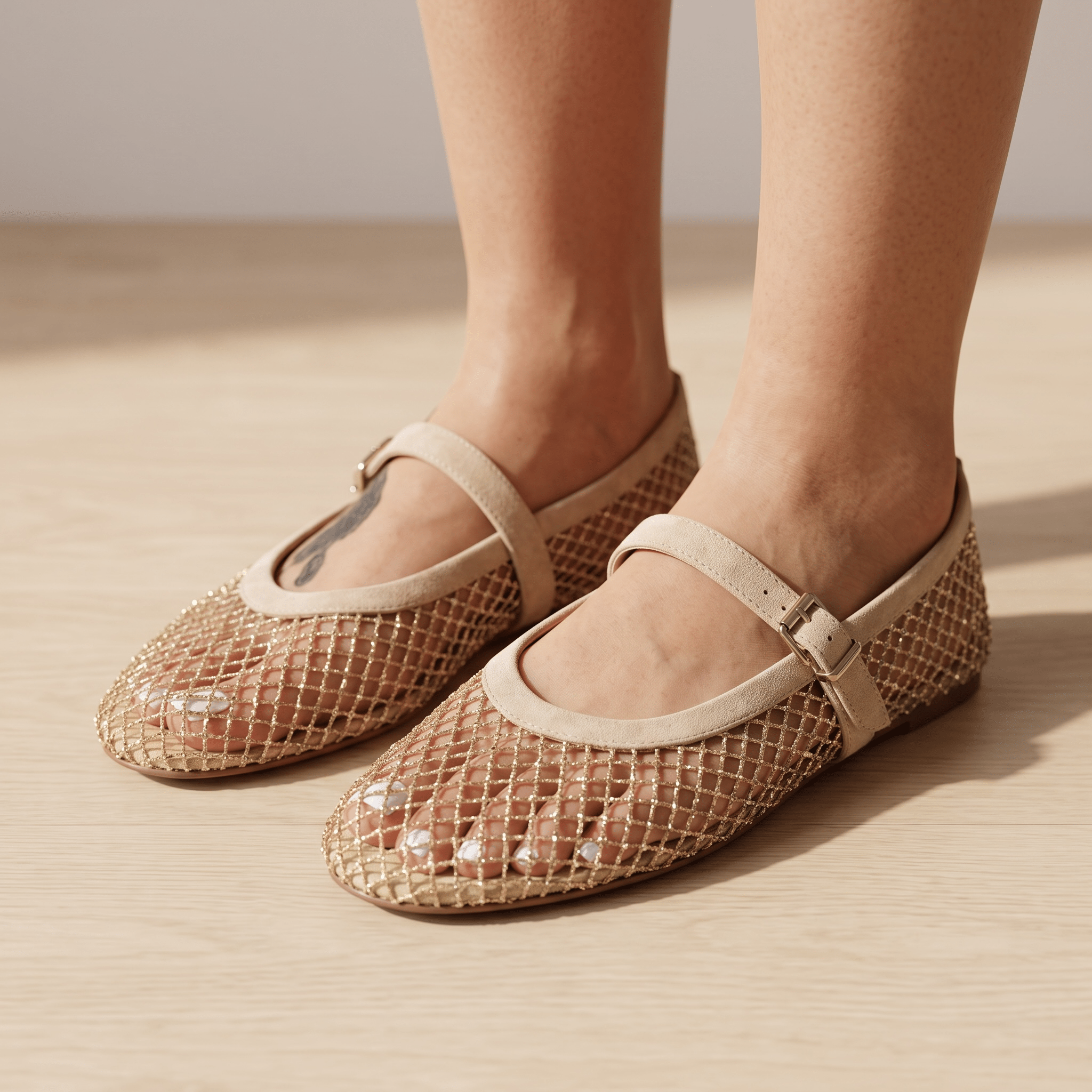 ✨ Alaïa Mesh Mary Jane Ballet Flats – Gold Beige - MASTERPIECE