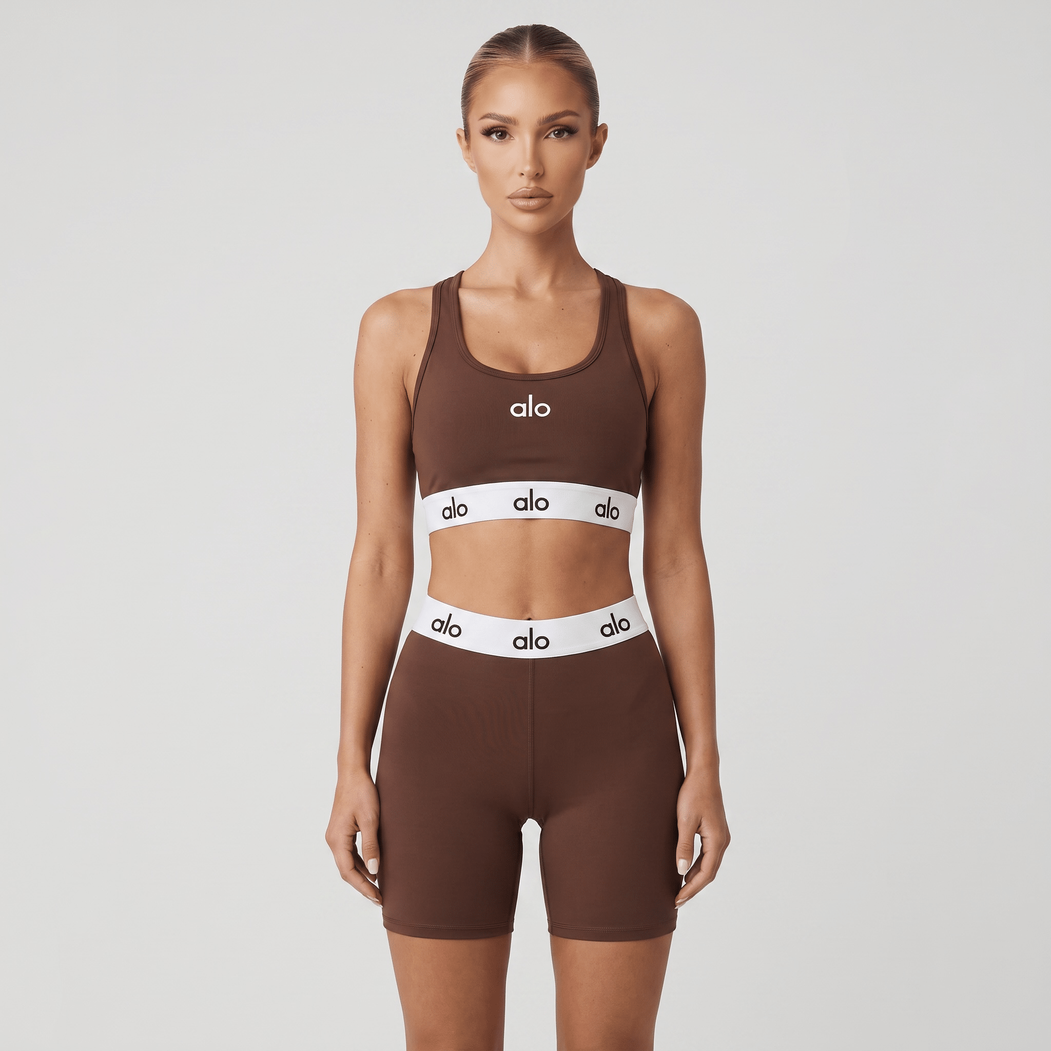 Alo Yoga Logo Sports Bra & Biker Shorts Set – Chocolate Brown ✨ - MASTERPIECE