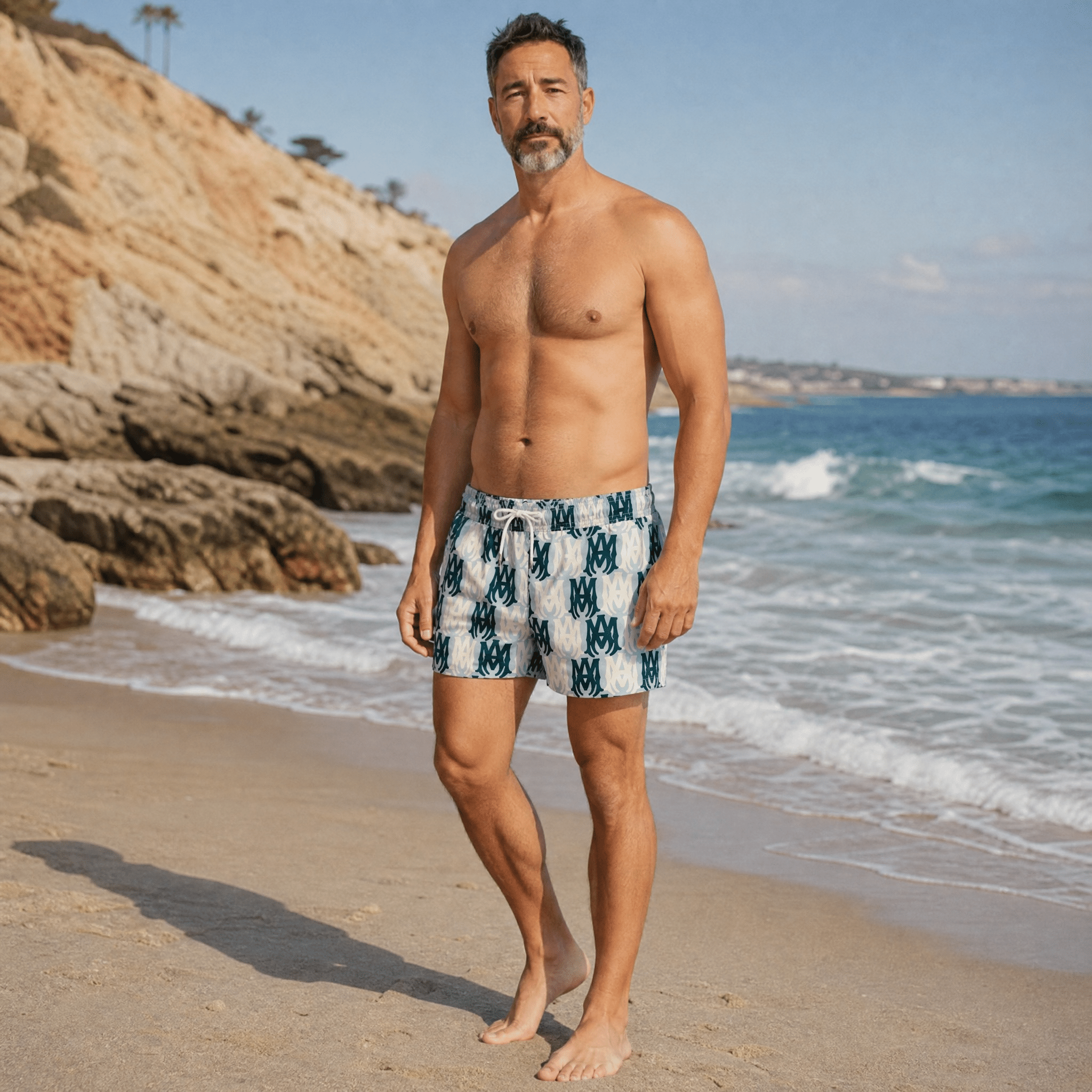 🩳 Amiri Monogram Swim Shorts – Sky Blue Edition 🌊✨ - MASTERPIECE