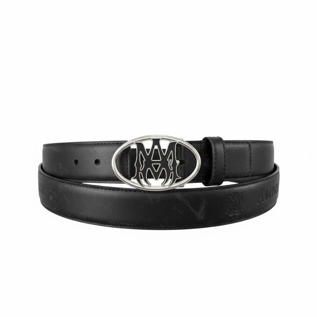 🖤✨ AMIRI Signature Leather Belt – Silver Logo Buckle | Luxury Edition - MASTERPIECE