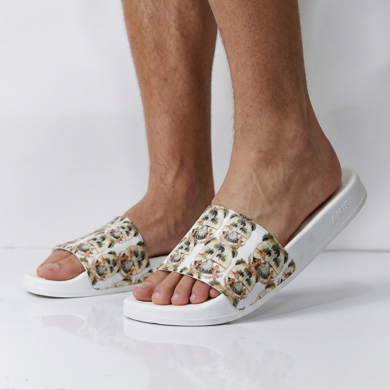 Amiri Tropical Print Slide Sandals – Luxury Designer White Unisex Comfort Slides - MASTERPIECE