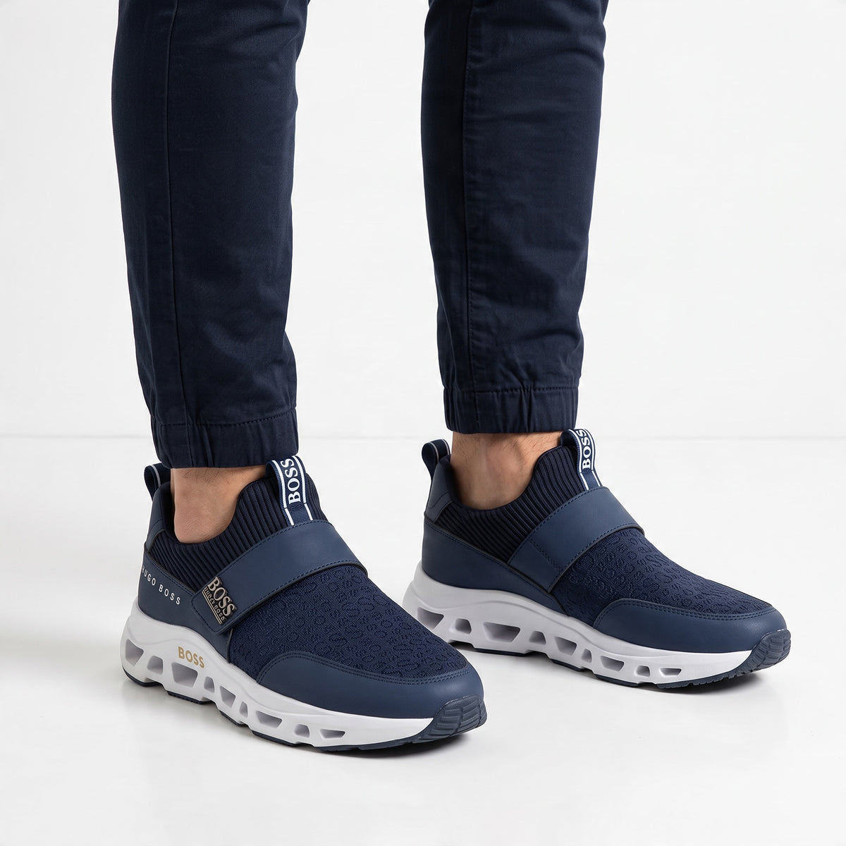 Hugo Boss navy slip-on chunky sneaker with white sculpted sole and branded heel tab